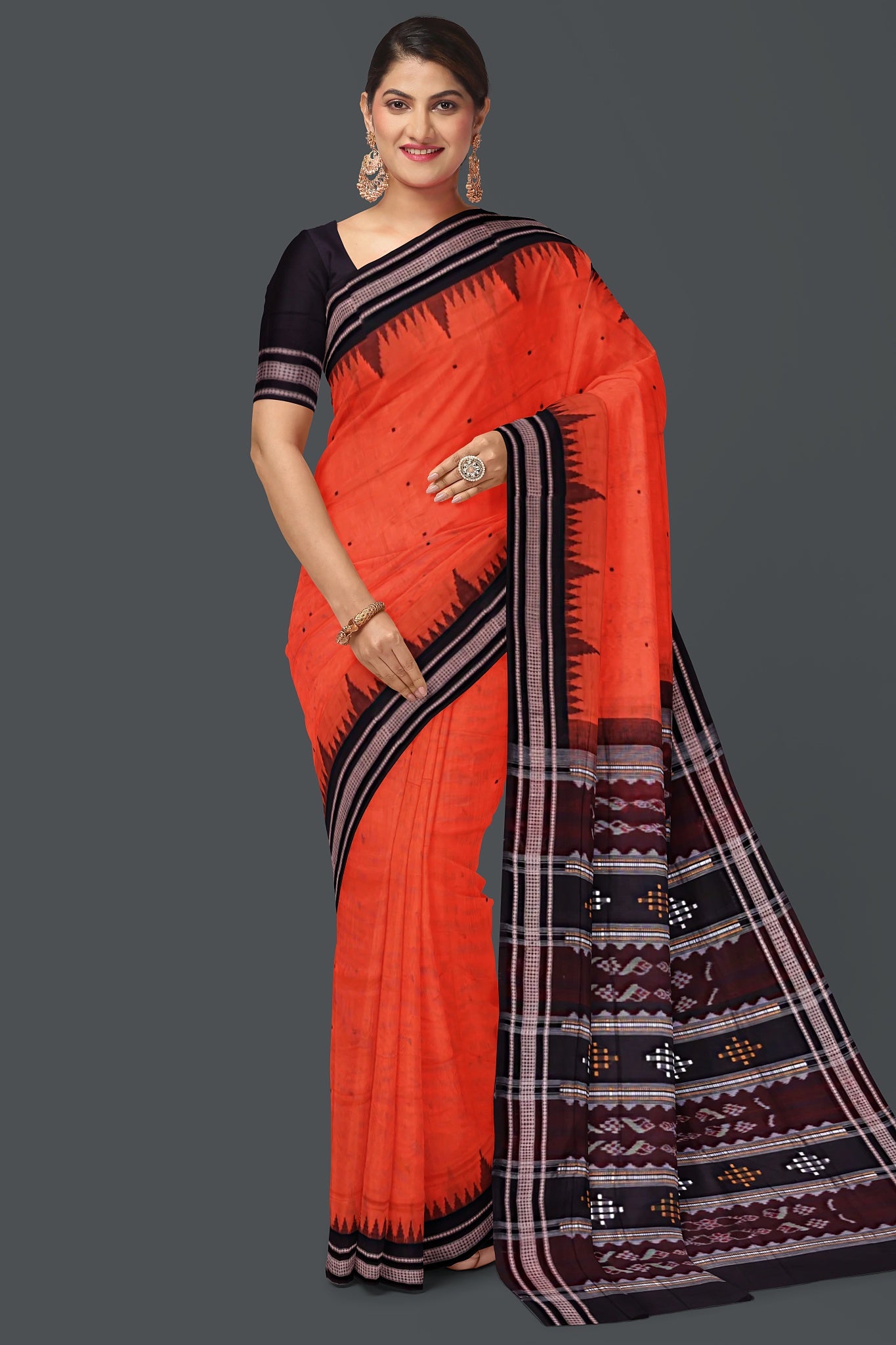 Orange Temple Border Cotton Bapta Saree
