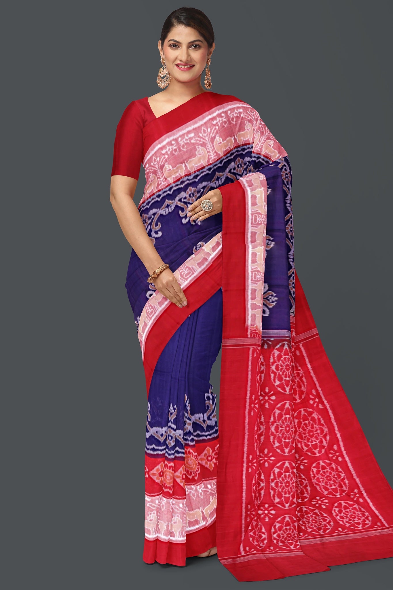 Navy Blue Double Border Bandha Saree