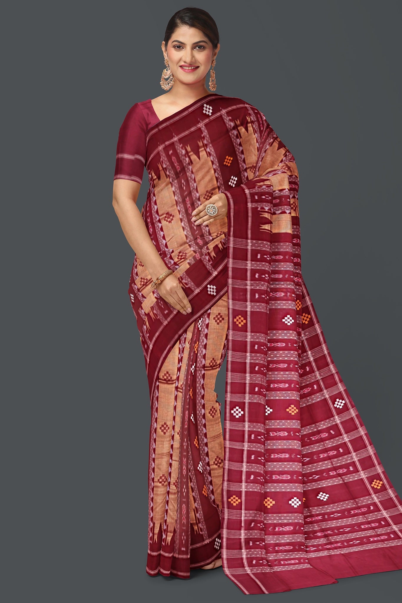 Maroon And Golden Pata Bapta Saree