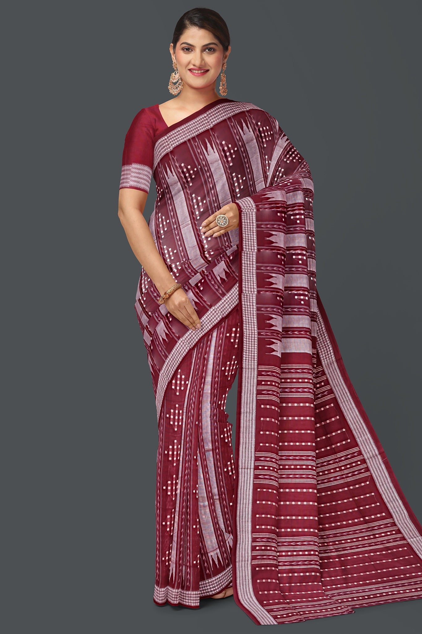 Maroon And Silver Pata Bapta Saree