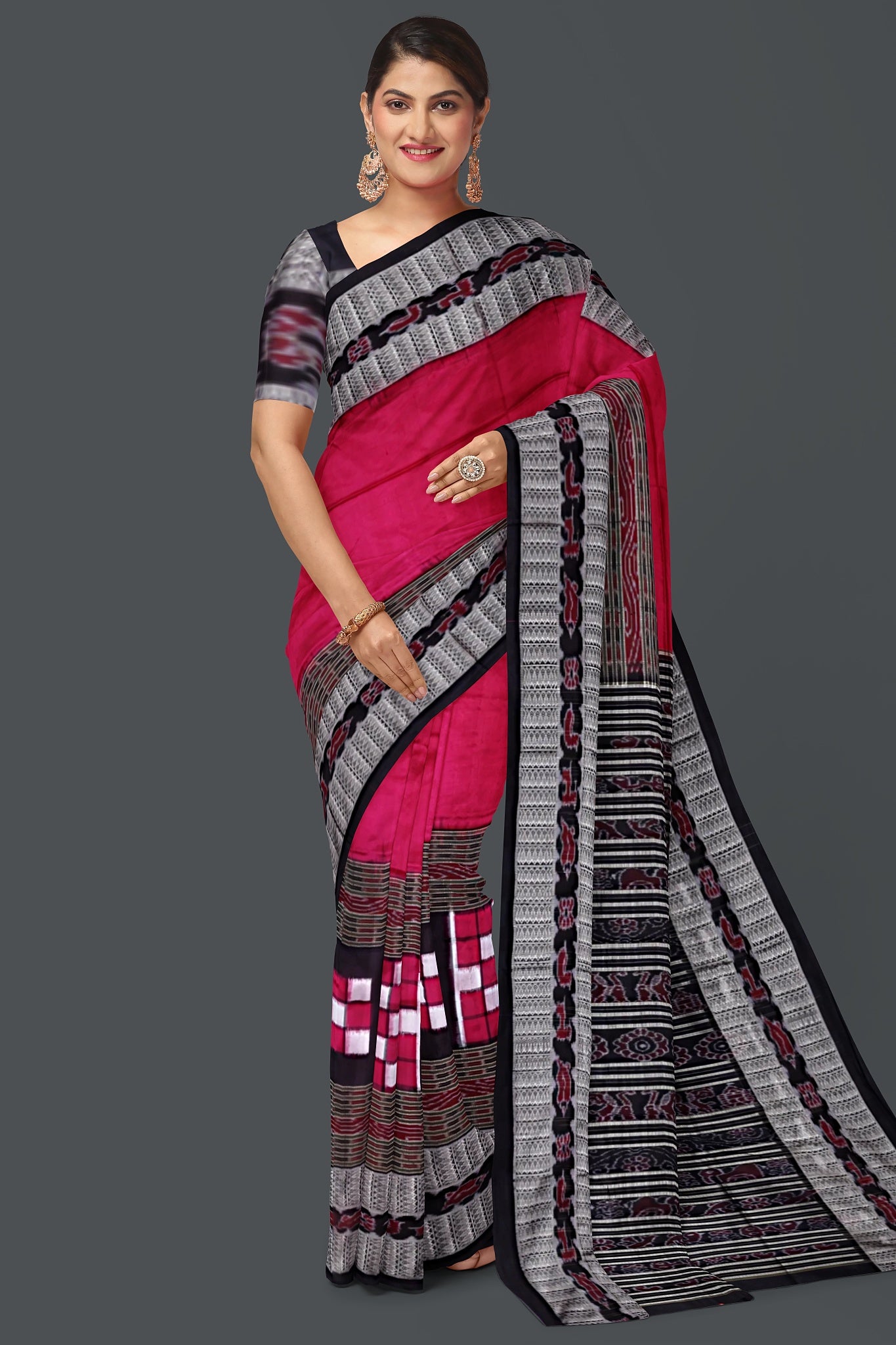 Hot Pink Bomkai Special Border Saree