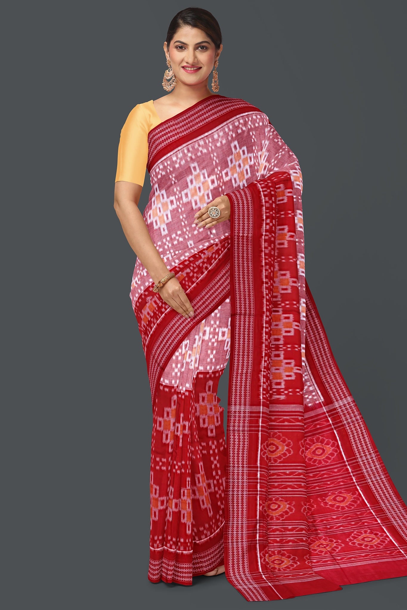 Red And Yellow Half Half Paper Bandha Saree