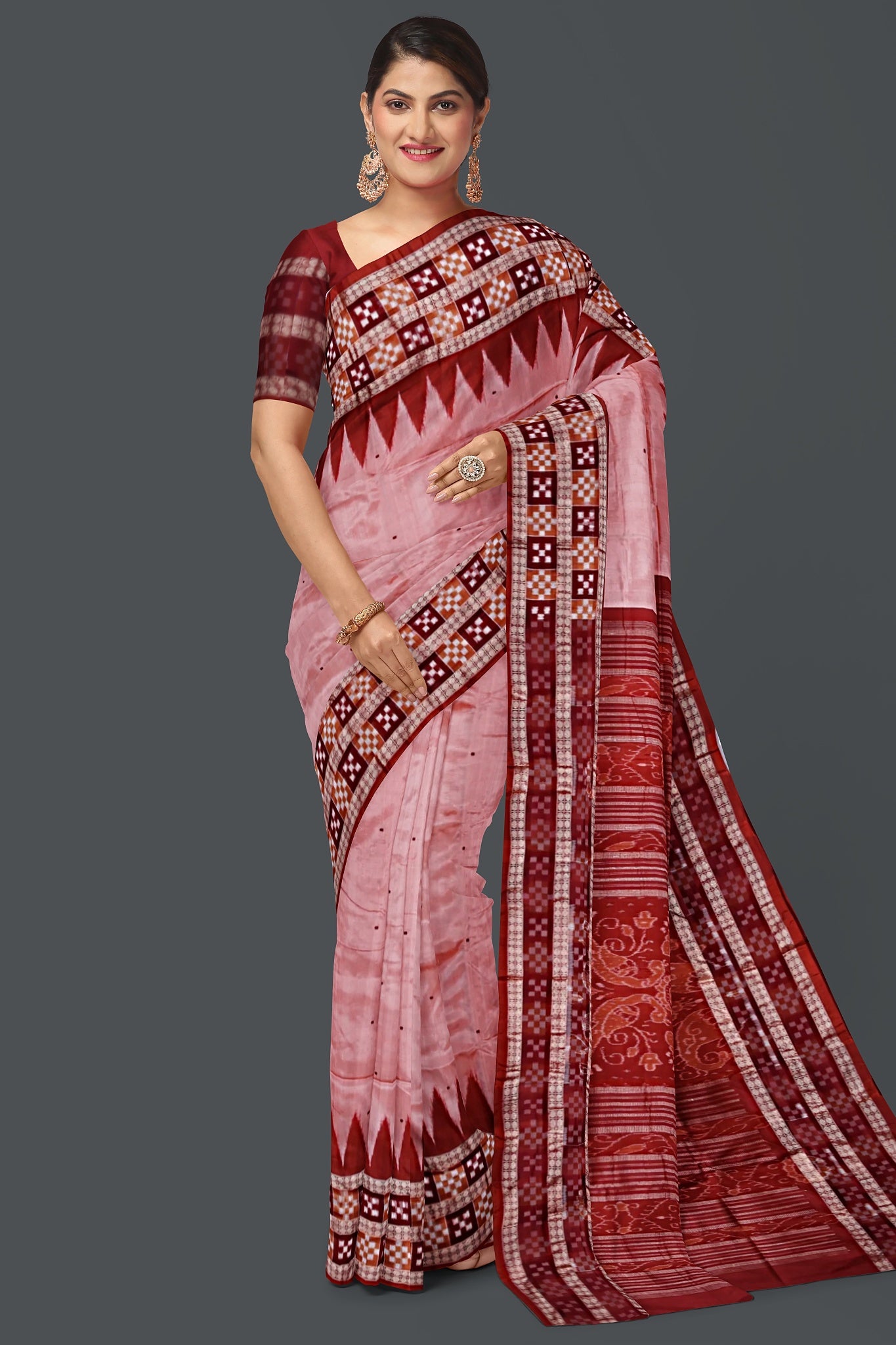 Peach Border Pasapalli Buti Bomkai Saree