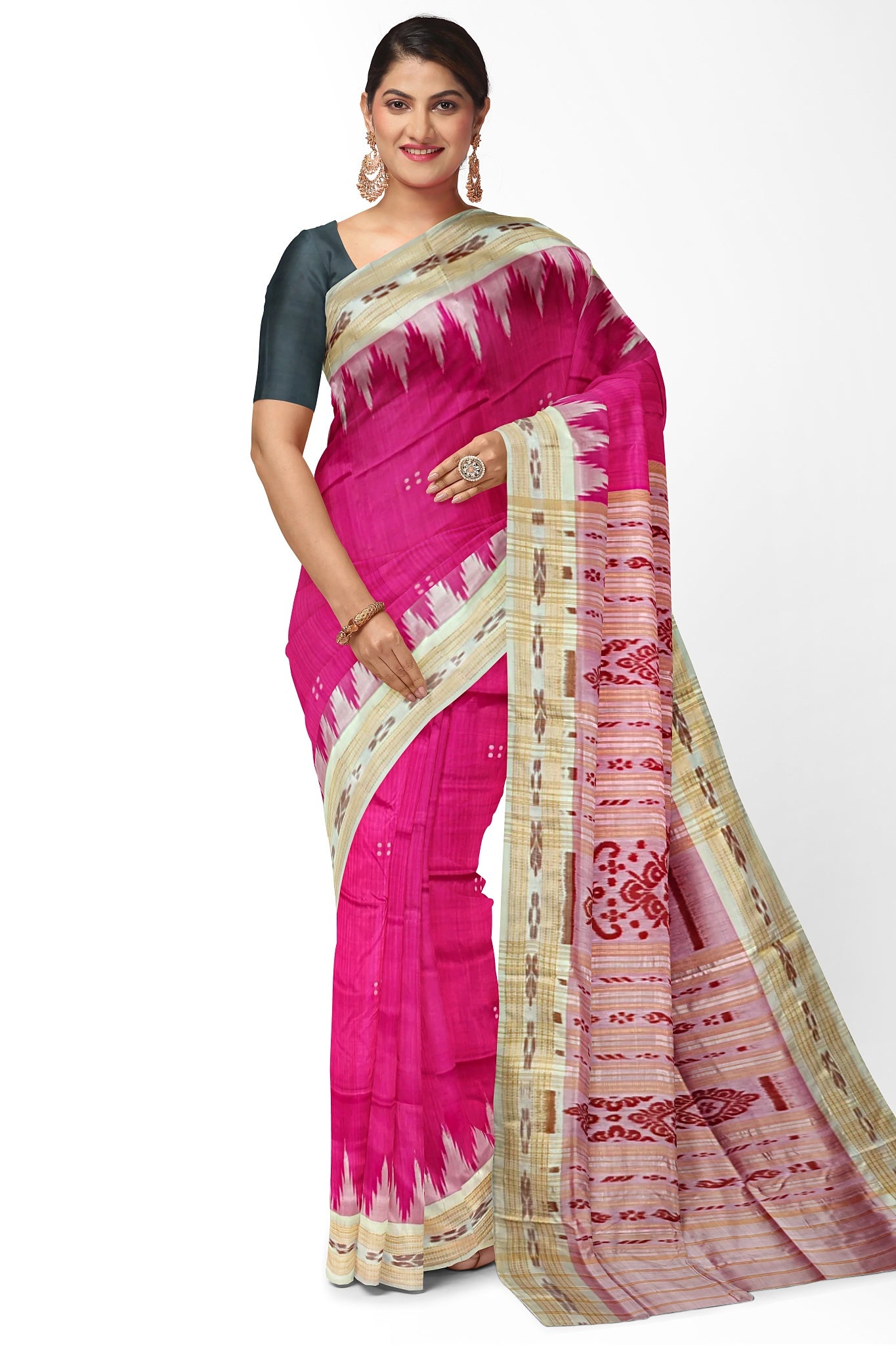 Hot Pink Big Temple Border Khandua Pata Saree