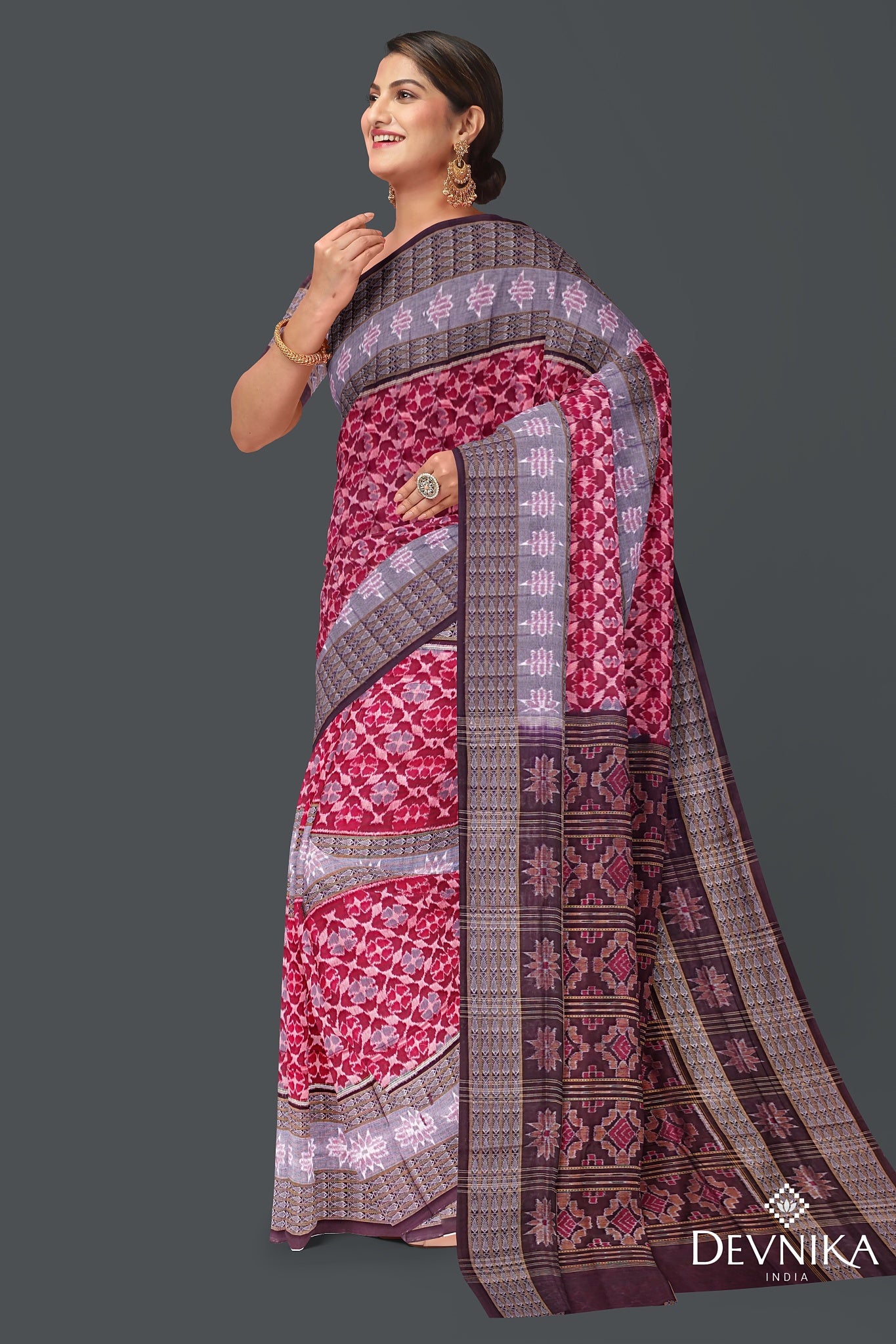 Red, Green And Maroon Double Border Bandha Saree
