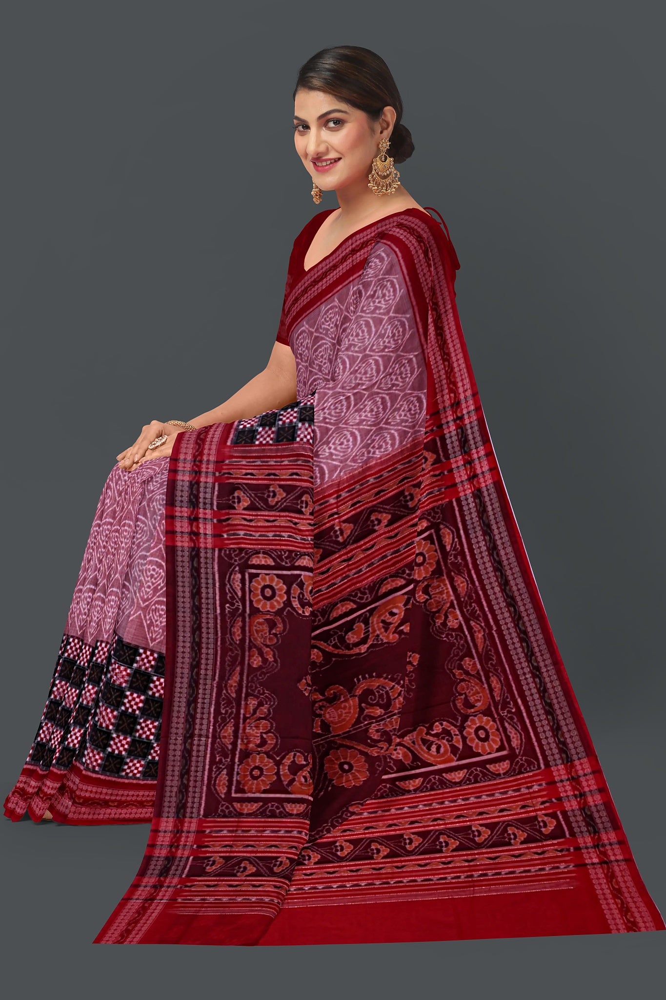 White And Dusty Rose Big Border Bandha Saree