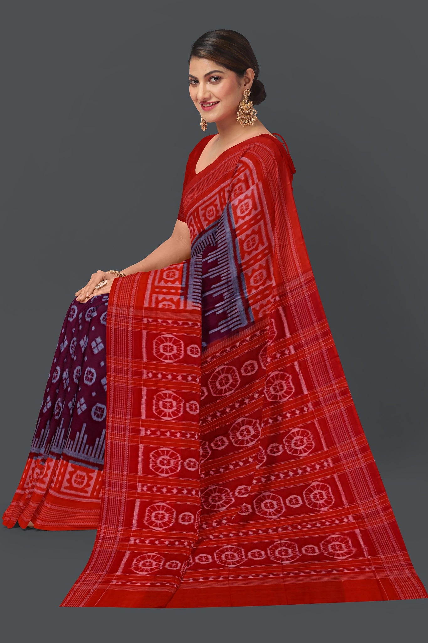 Dark Maroon Big Border Bandha Saree