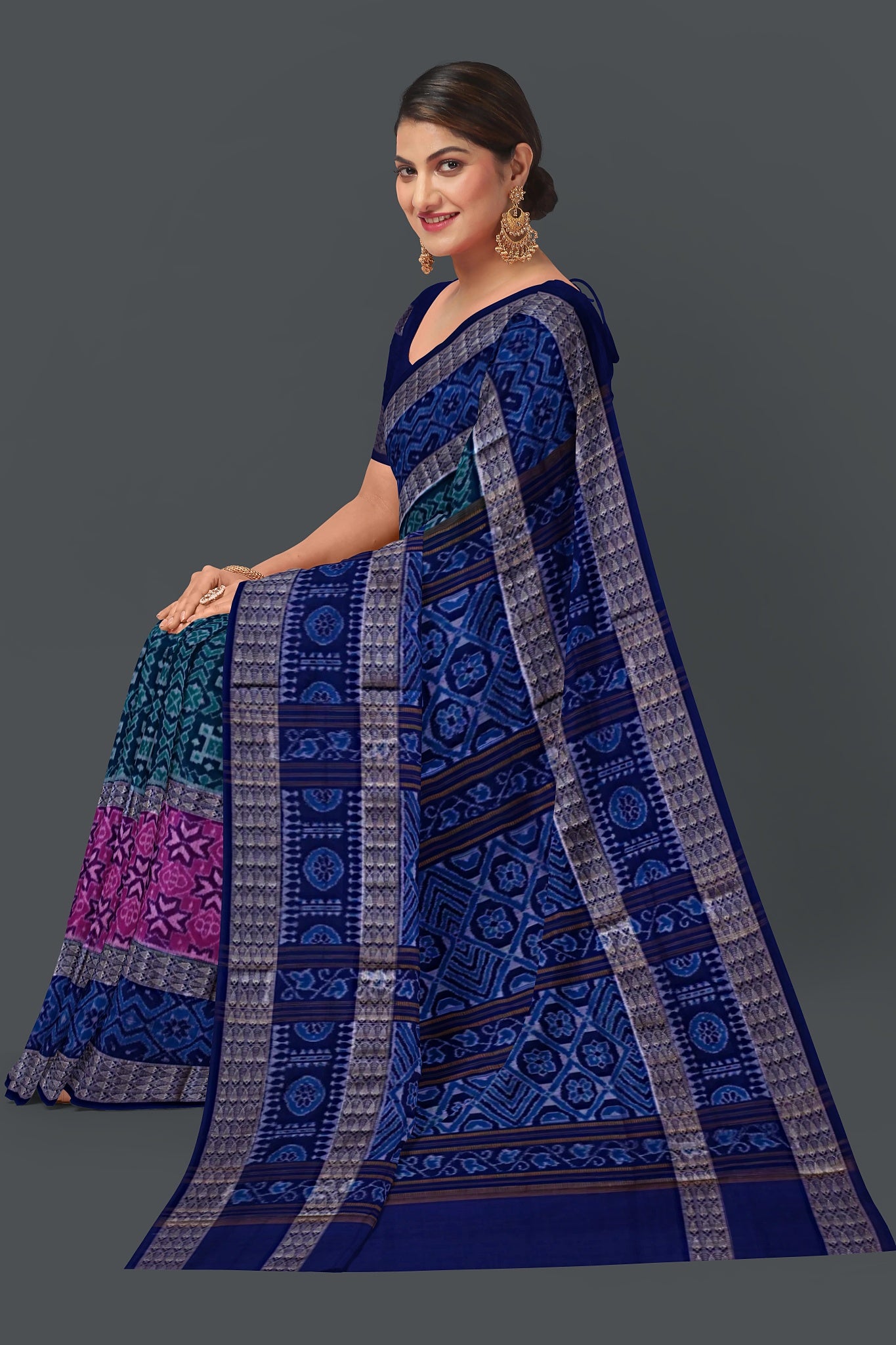 Green Blue Double Border Bandha Saree
