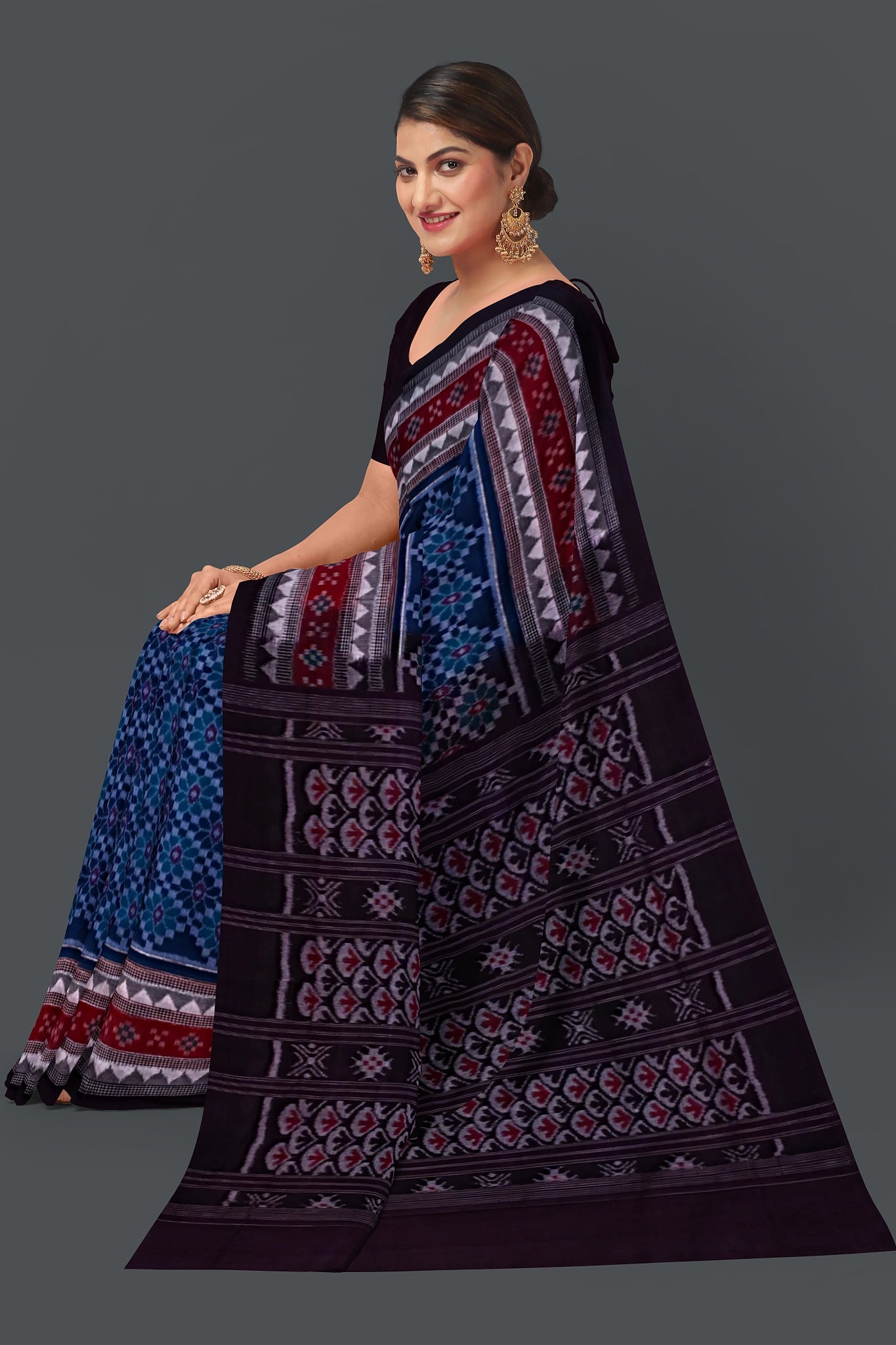 Royal Blue Double Border Bandha Saree