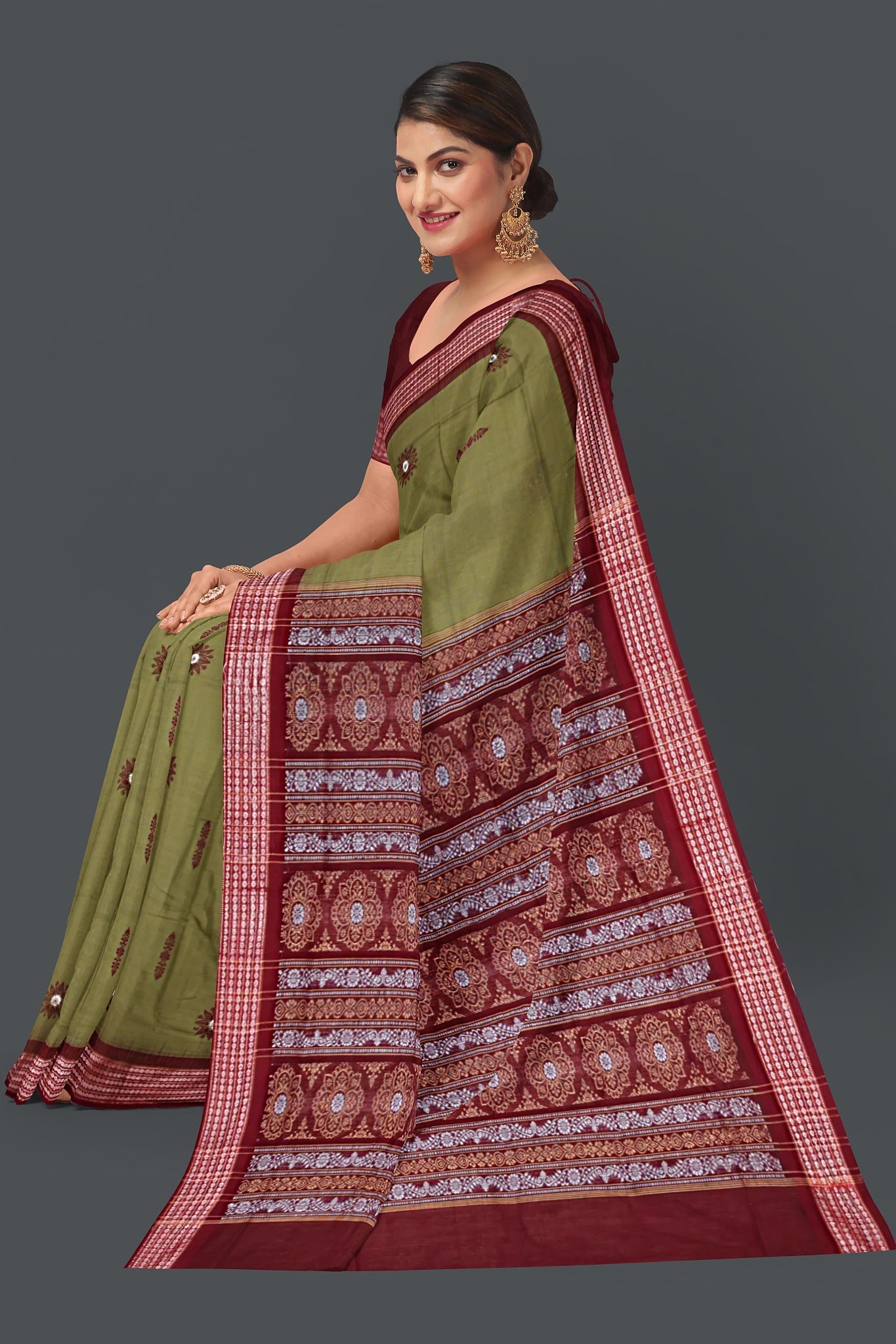 Olive Green Bomkai Saree