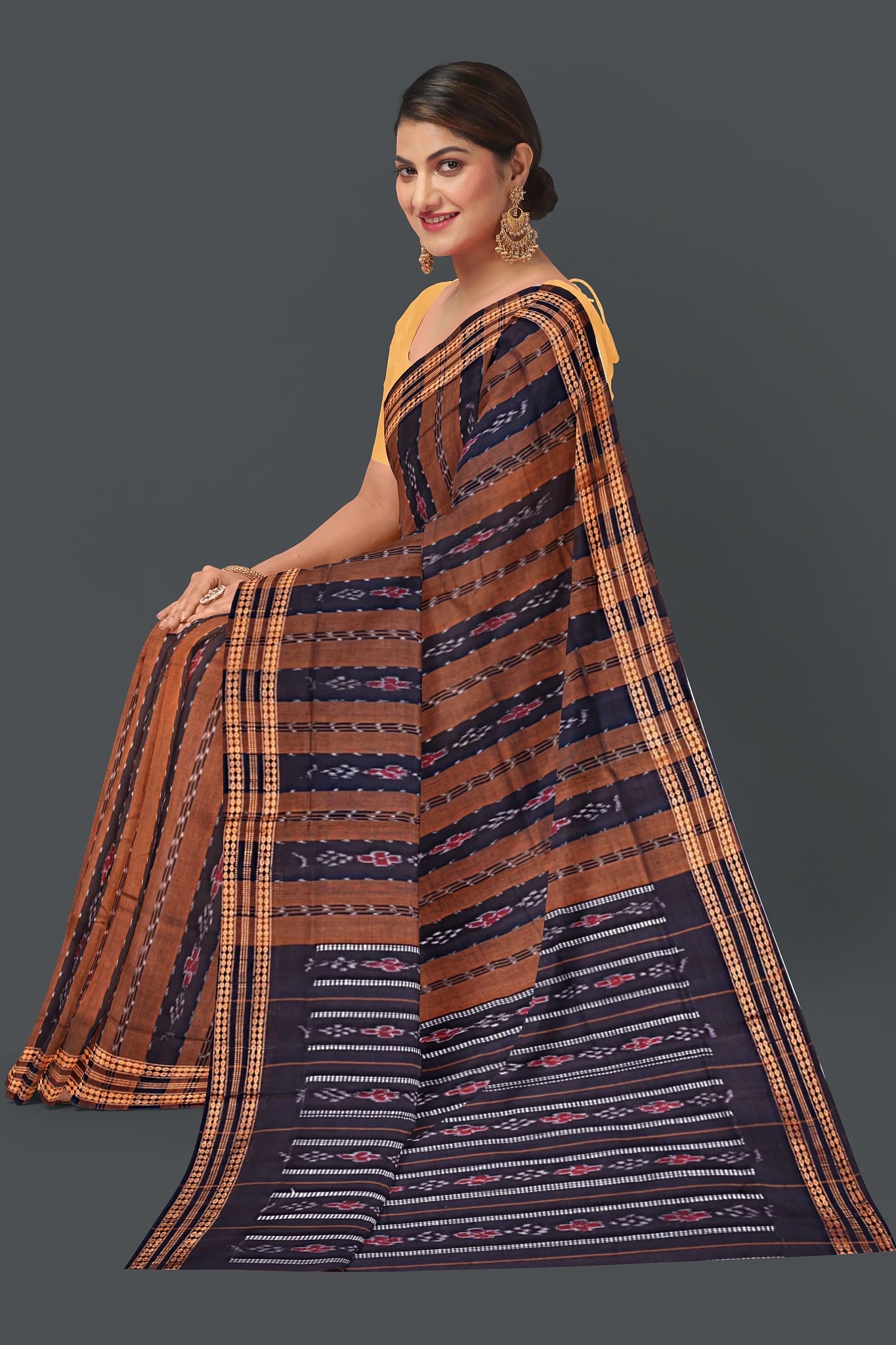 Golden Brown Line Bandha Saree