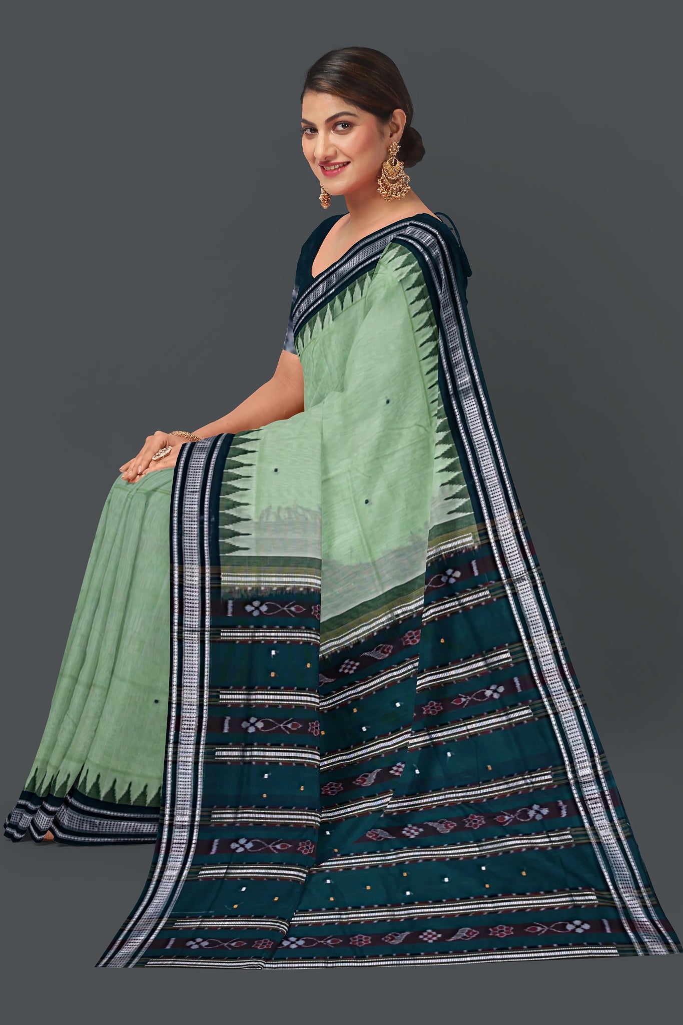 Light Green Temple Border Cotton Bapta Saree
