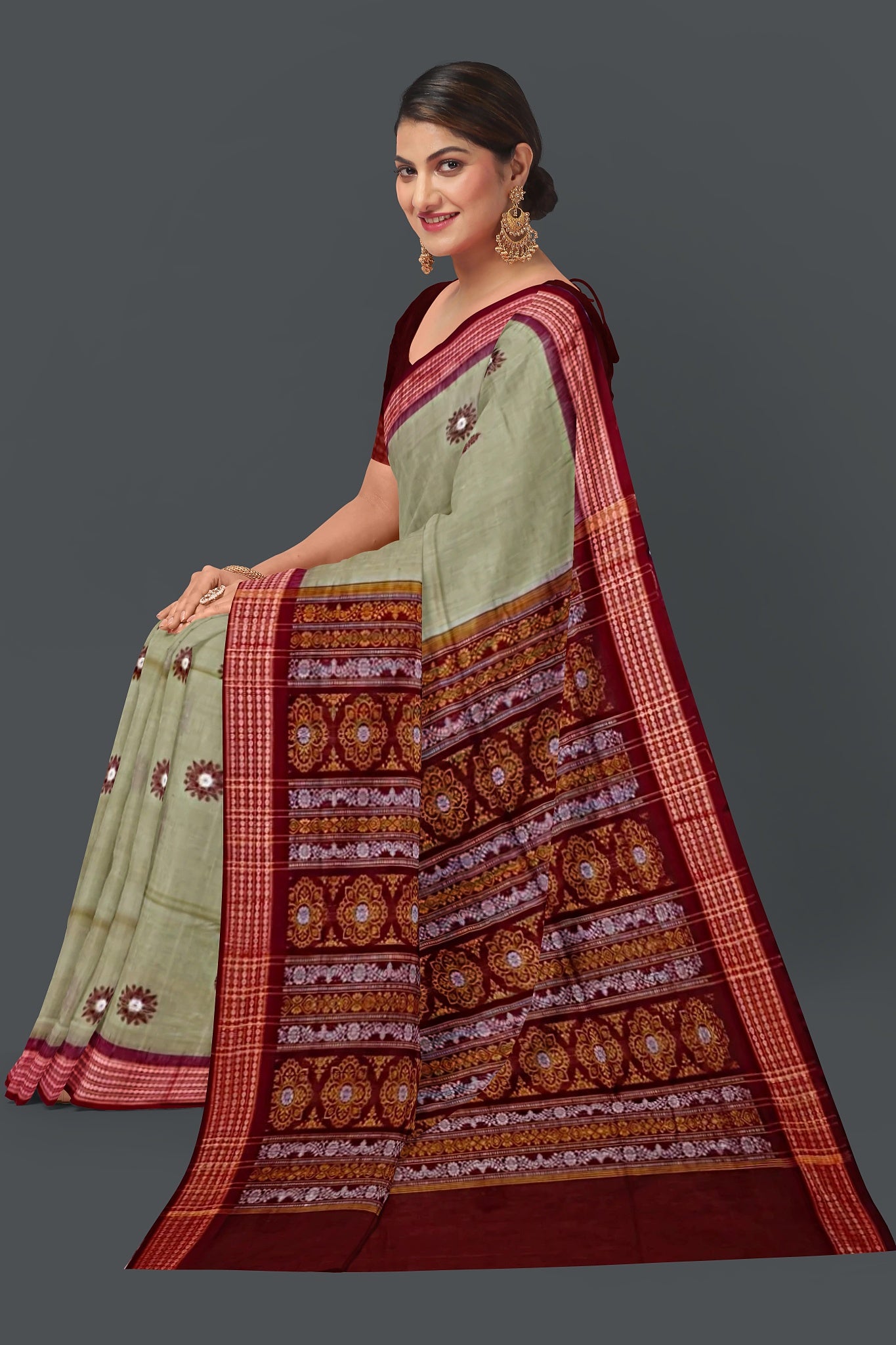 Grey Green Bomkai Saree