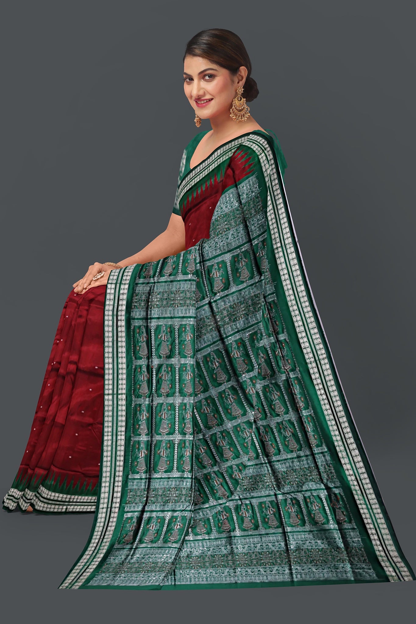 Dark Maroon With Forest Green Bomkai Butti Saree