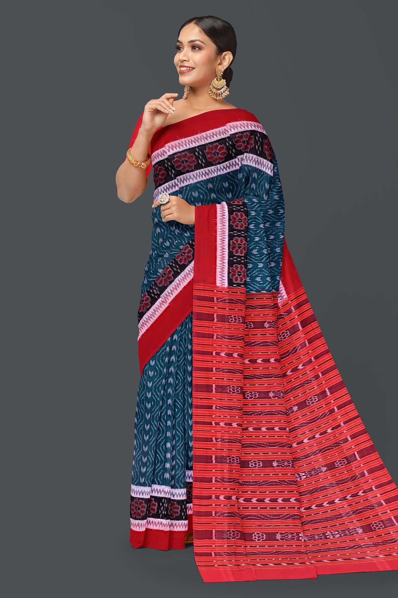 Sea Green Double Border Bandha Saree