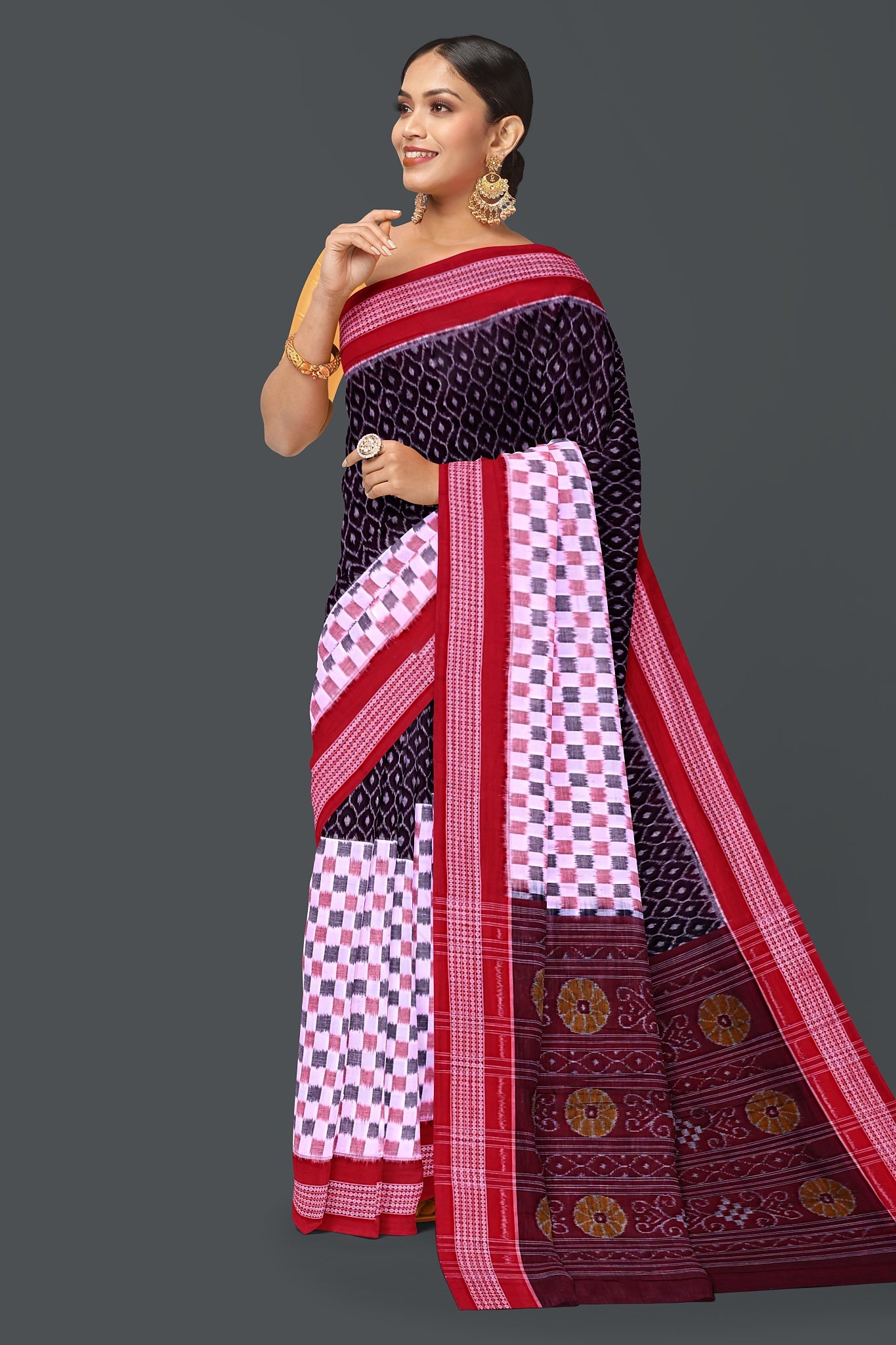 Dark Coffee Half Half Bandha Saree(With Out Blouse)