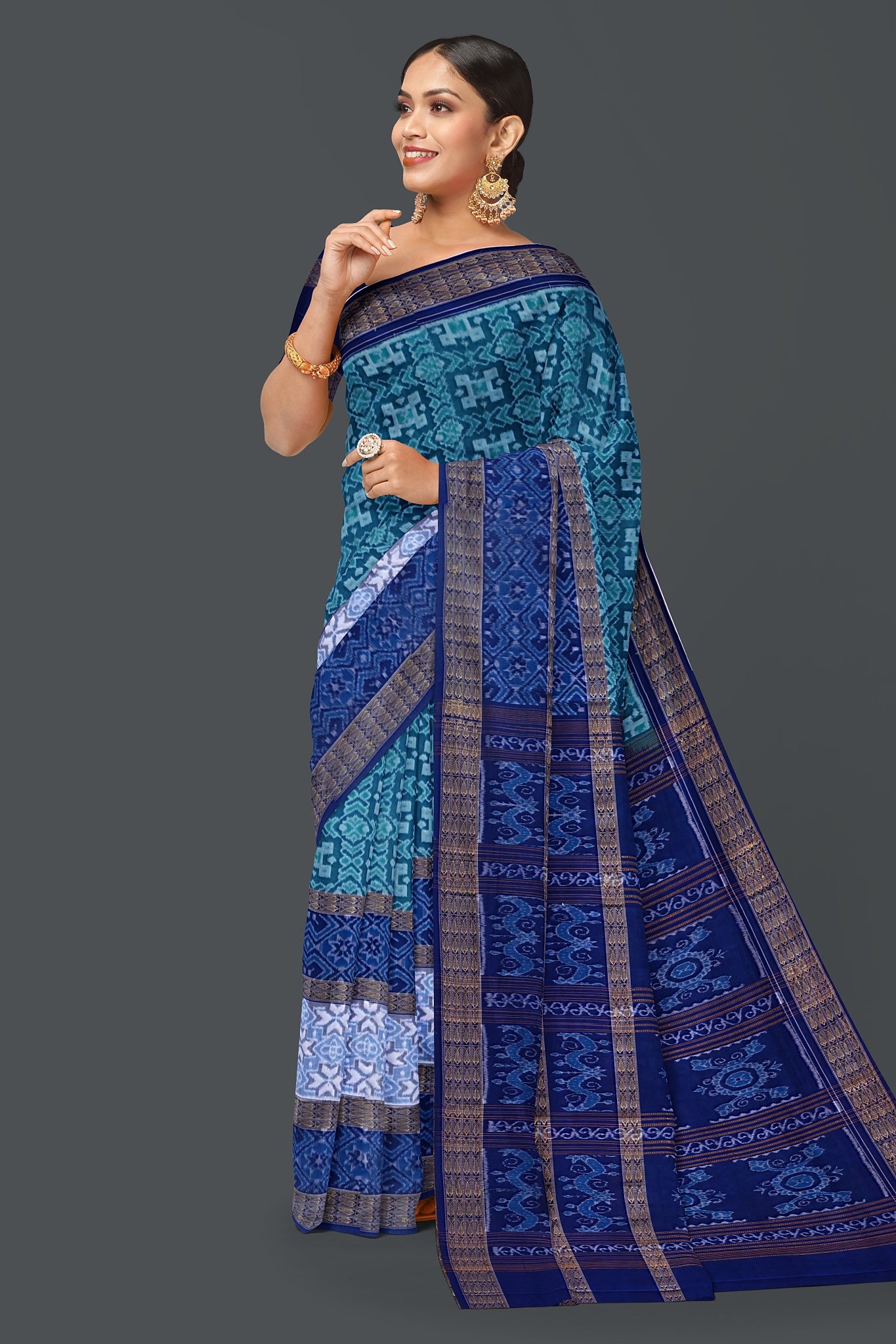 Cyan Double Border Bandha Saree