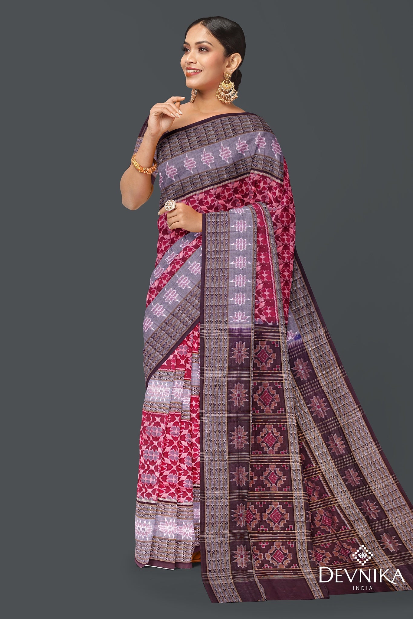 Red, Green And Maroon Double Border Bandha Saree