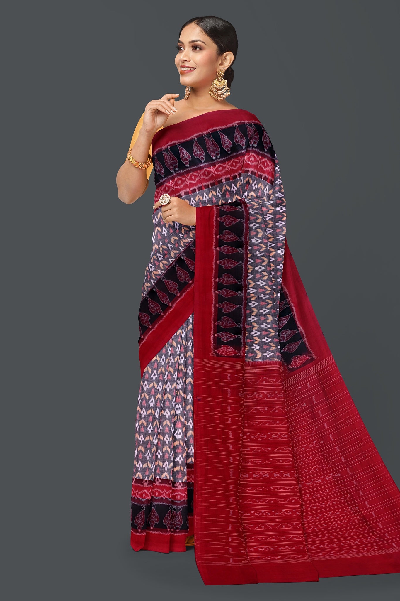 White, Bronze Double Border Bandha Saree