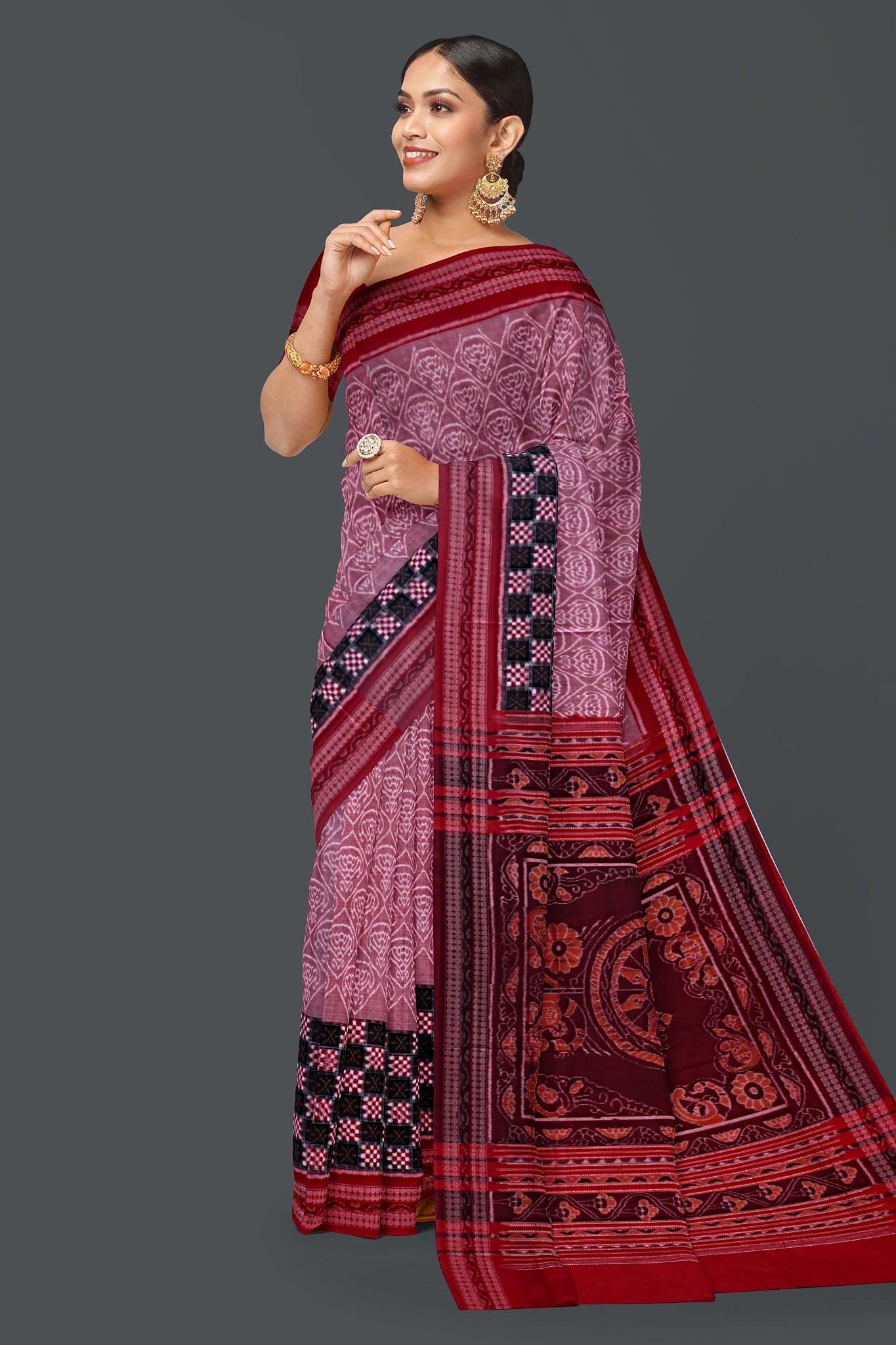 White And Dusty Rose Big Border Bandha Saree
