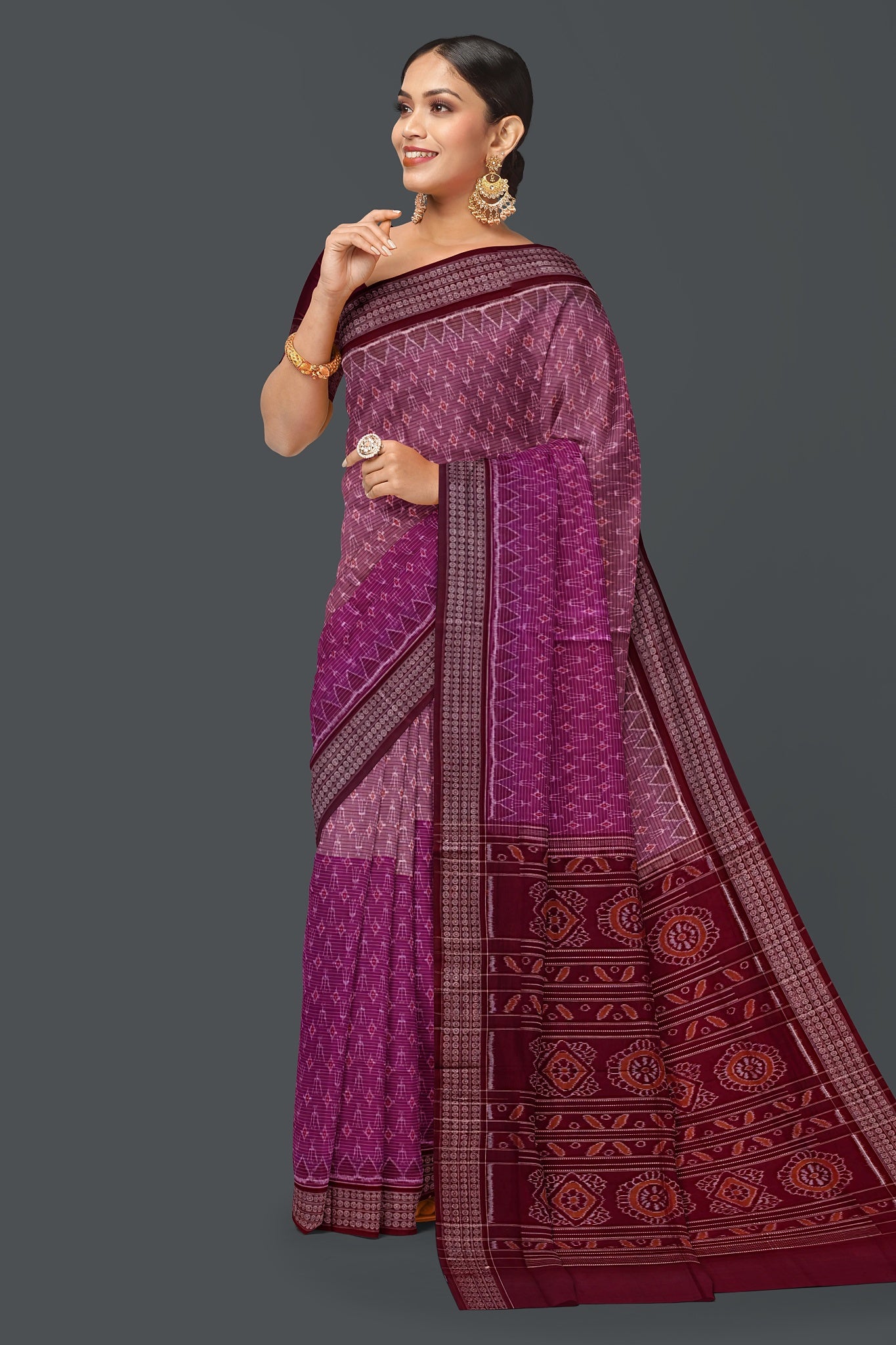 Magenta Half Half Bandha Saree(With Blouse)