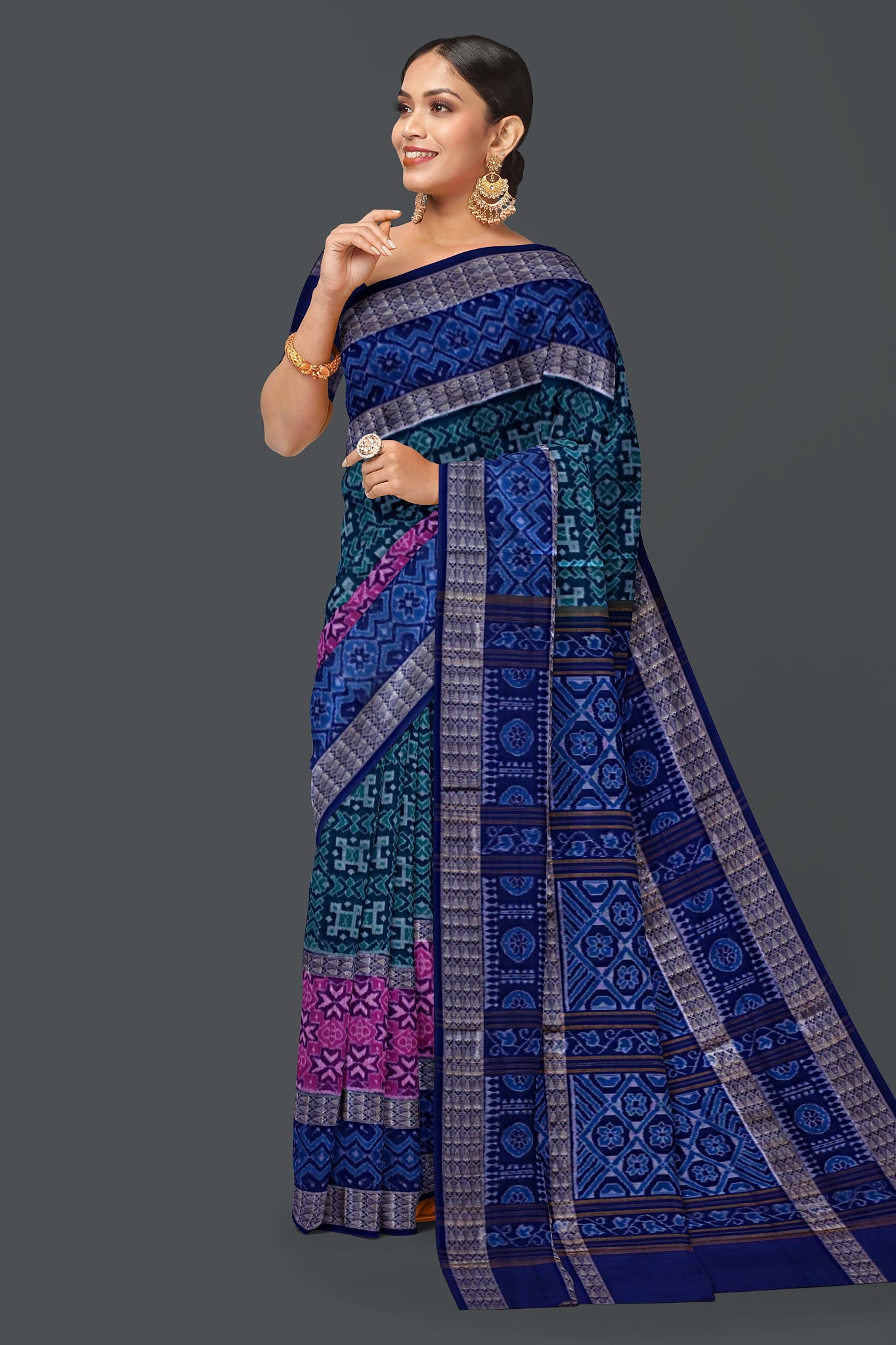 Green Blue Double Border Bandha Saree