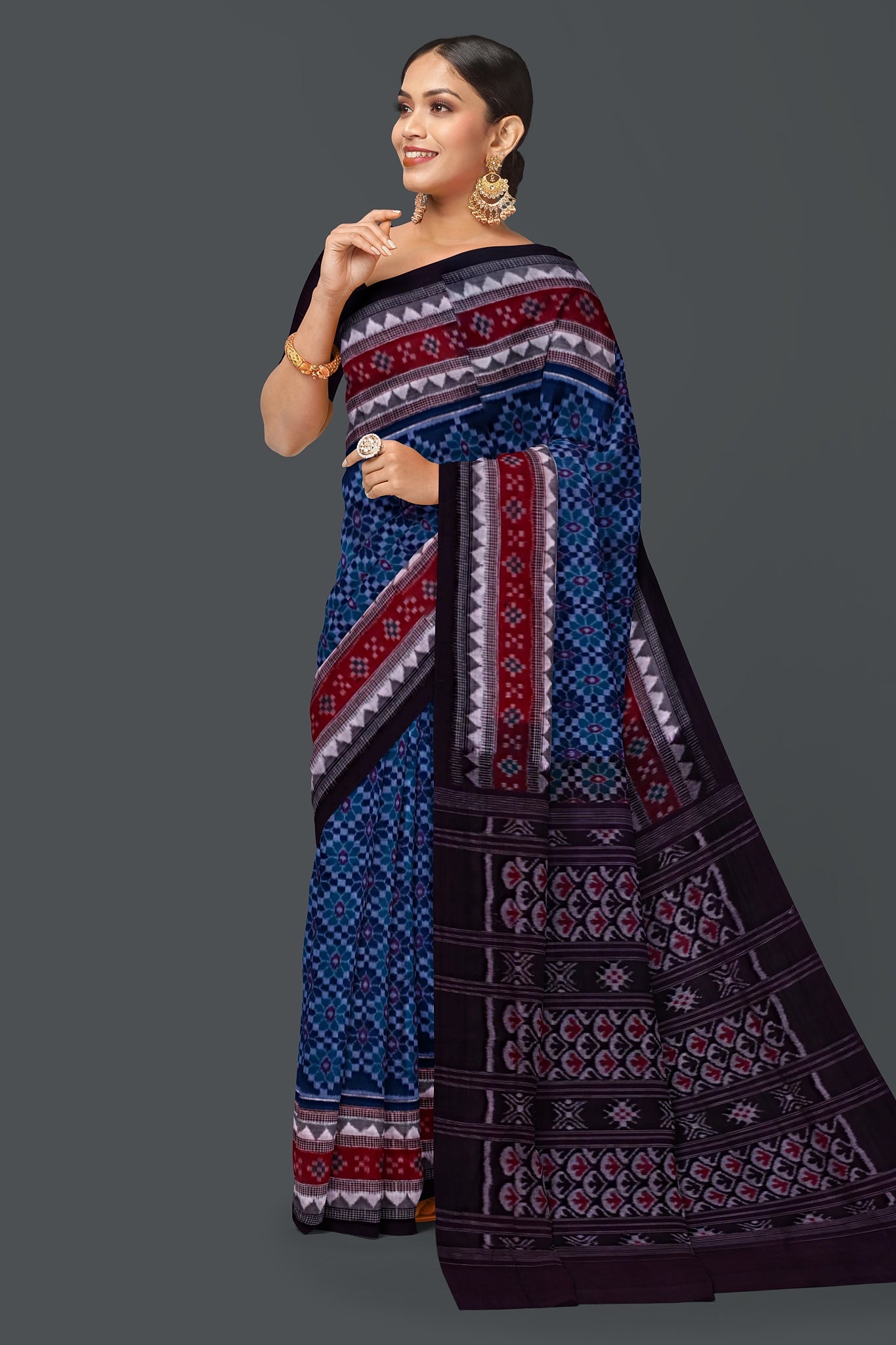 Royal Blue Double Border Bandha Saree