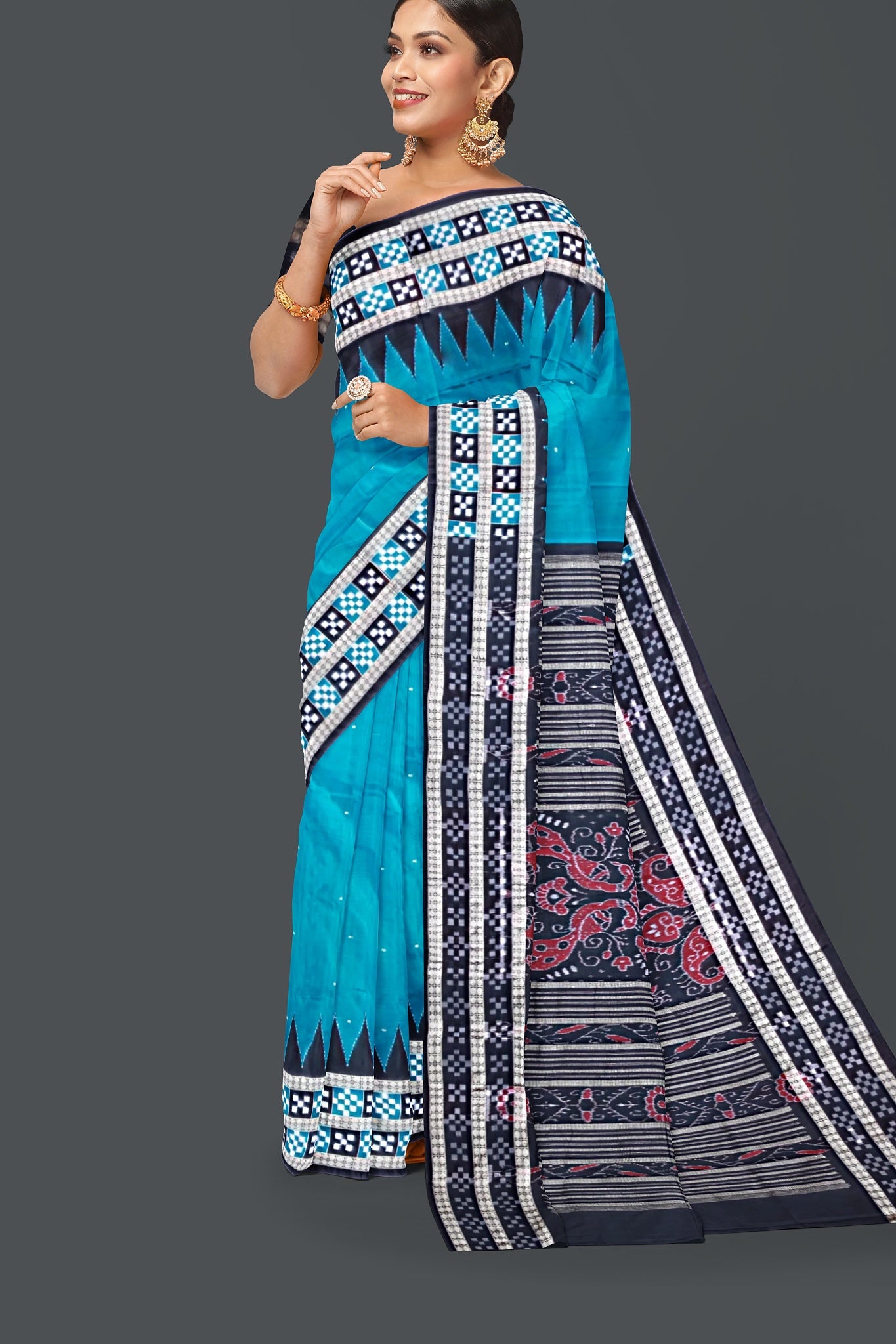 Dark Teal  Border Pasapalli Buti Bomkai Saree
