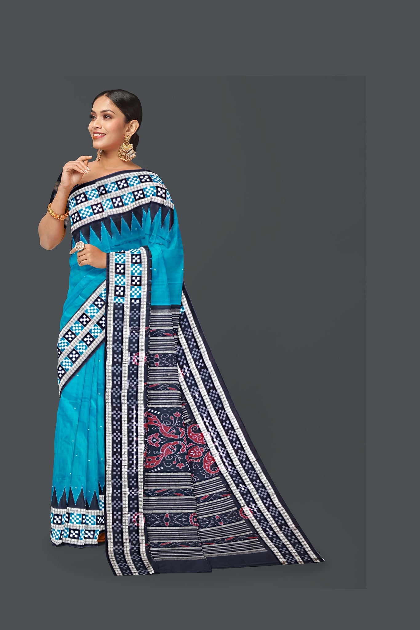 Dark Teal  Border Pasapalli Buti Bomkai Saree