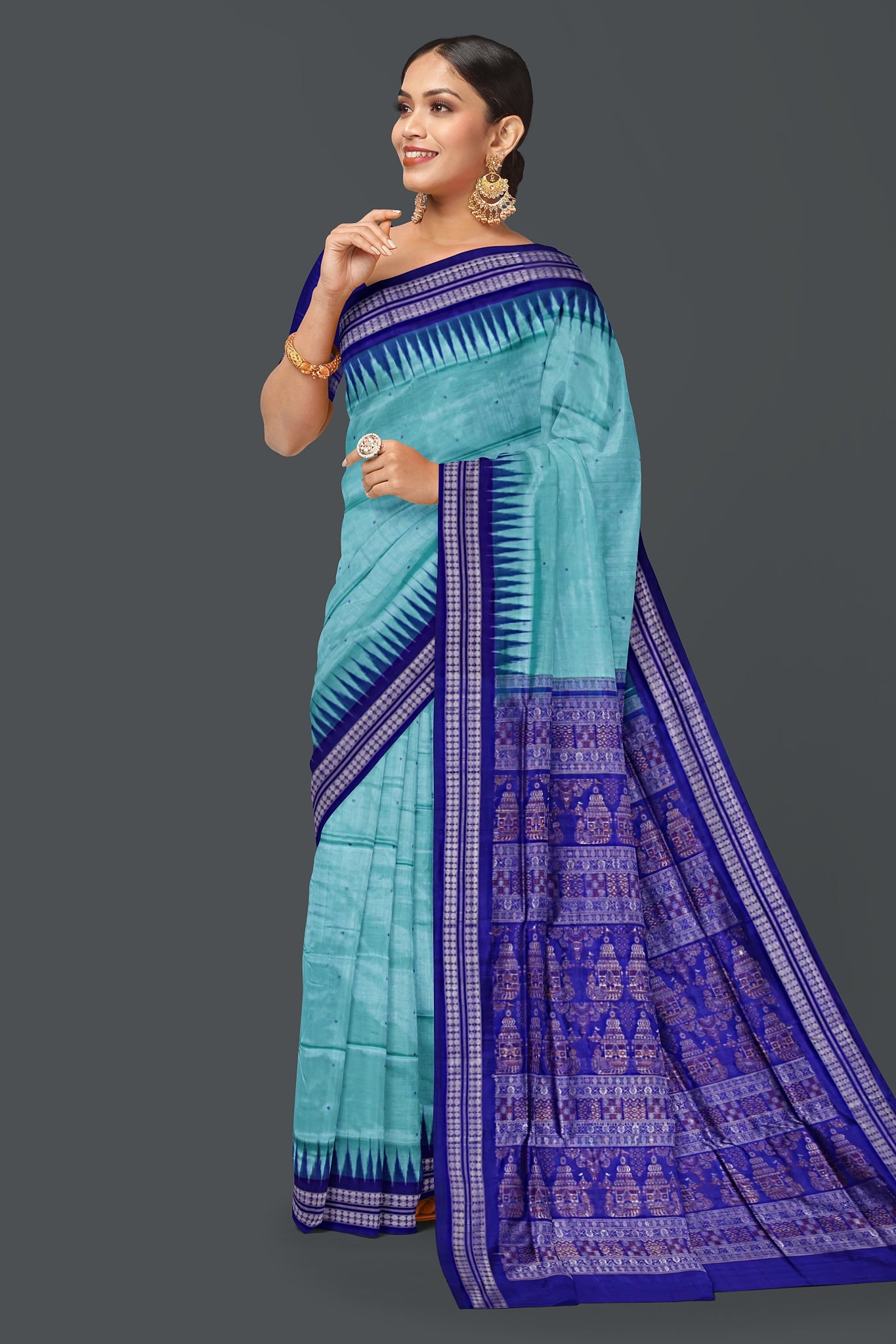 Dark Cyan Bomkai Butti Sambalapuri Saree