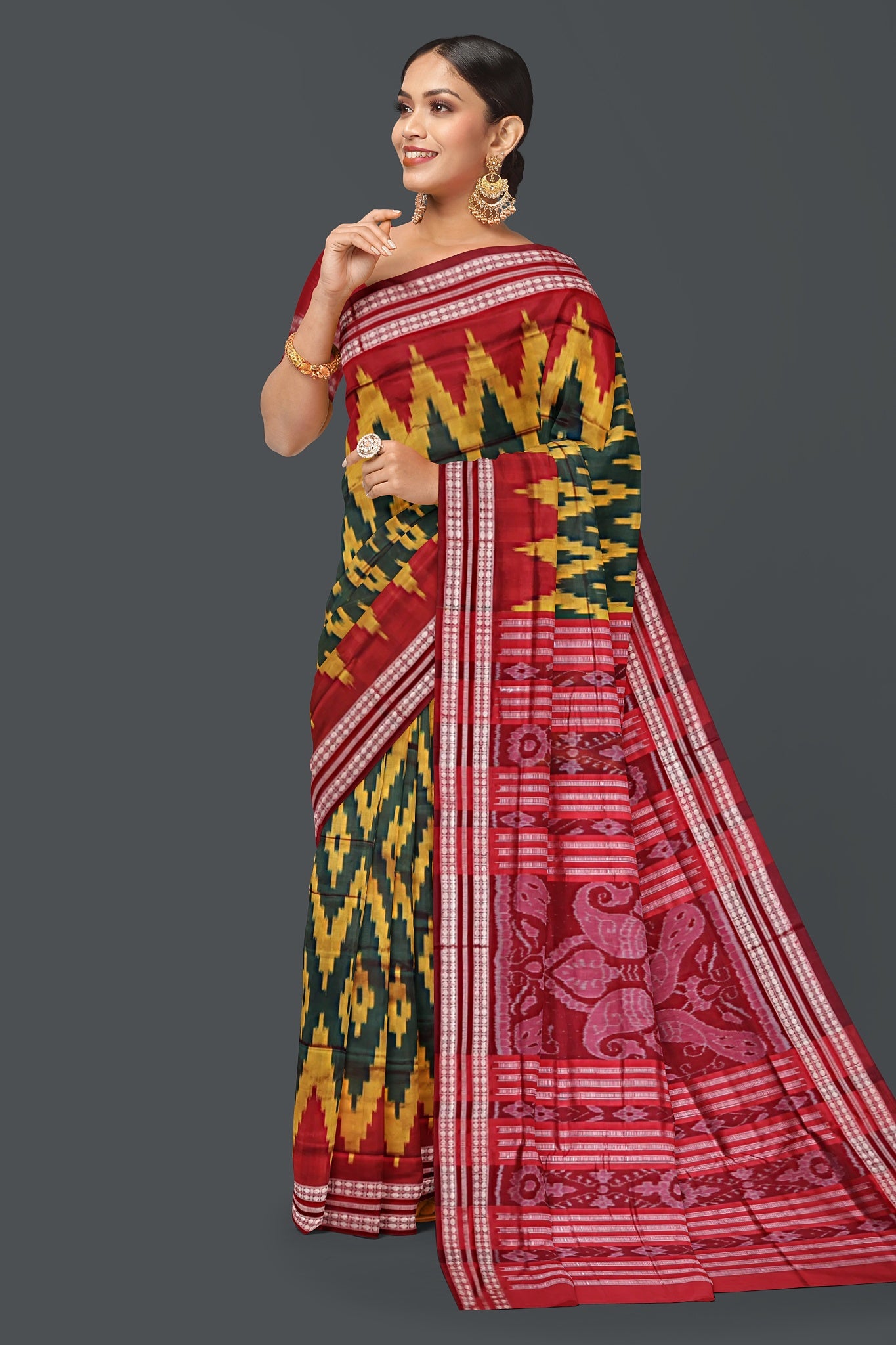 Deep Green Bandha Sambalapuri Silk Saree