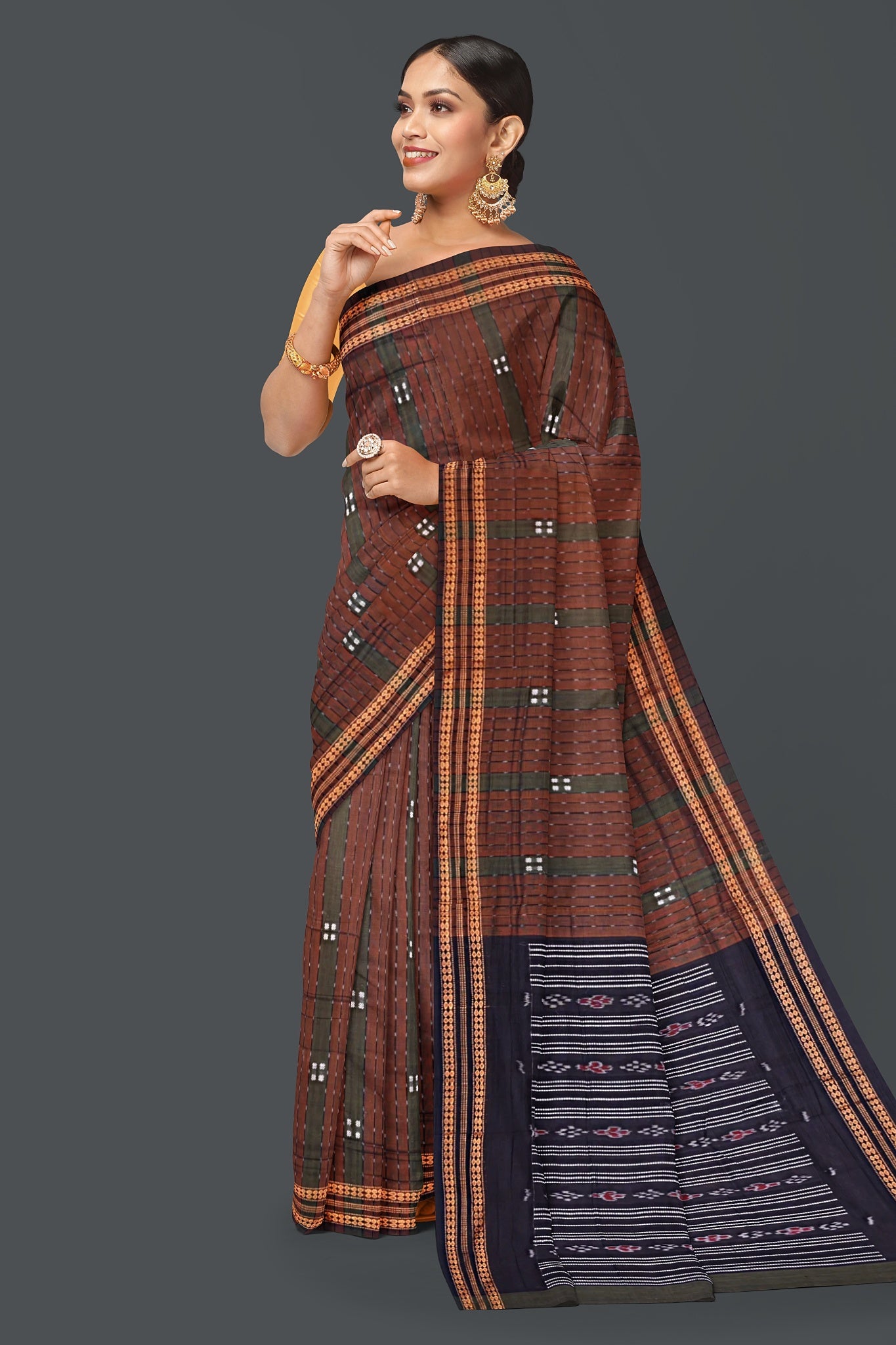 Olive Green And Brown Bomkai Line Butti Saree