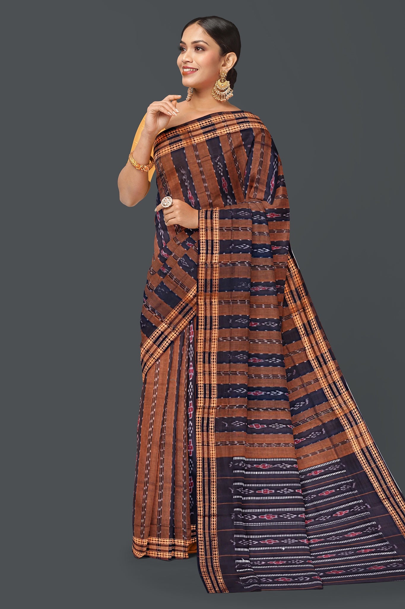 Golden Brown Line Bandha Saree