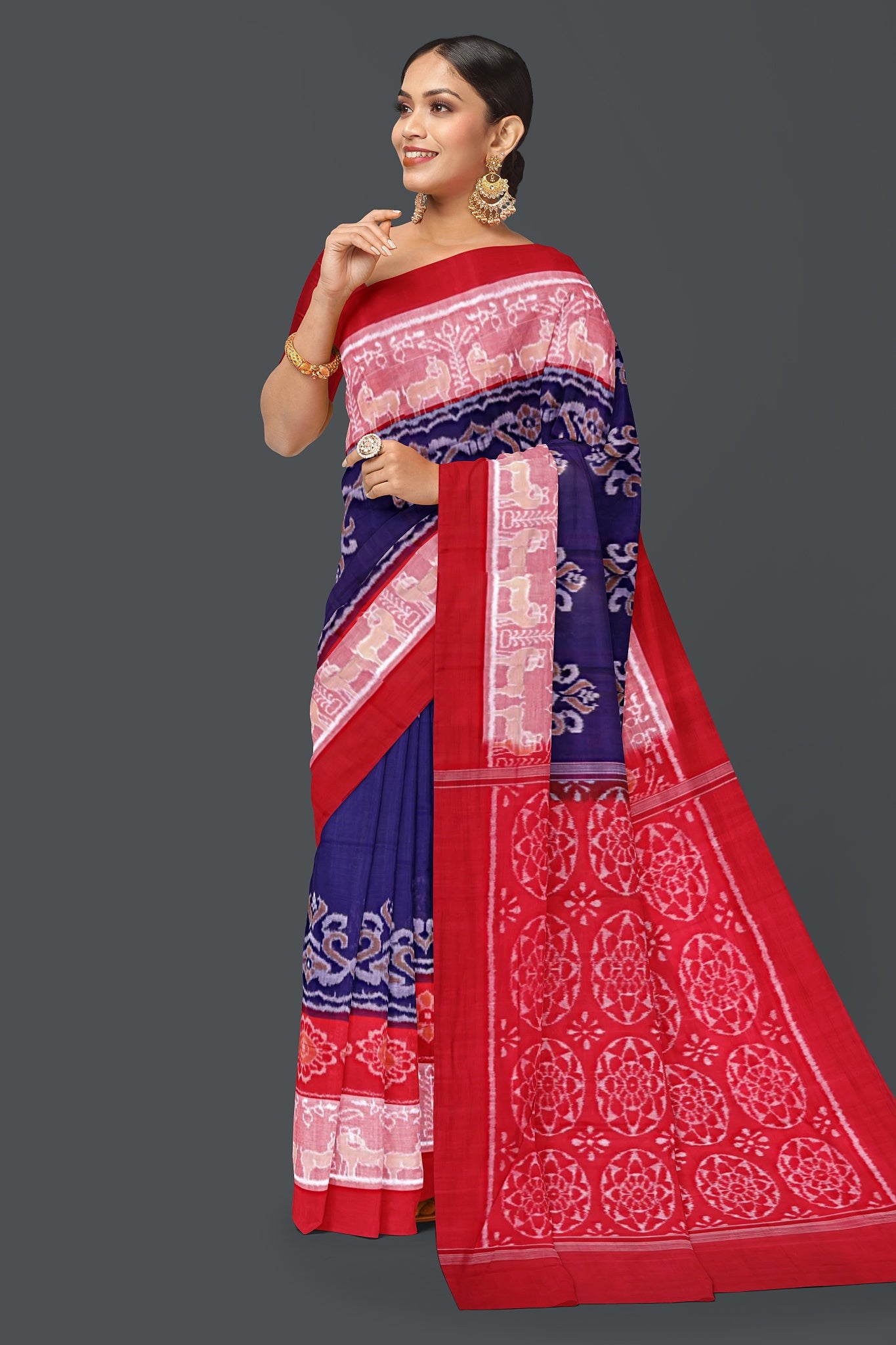 Navy Blue Double Border Bandha Saree