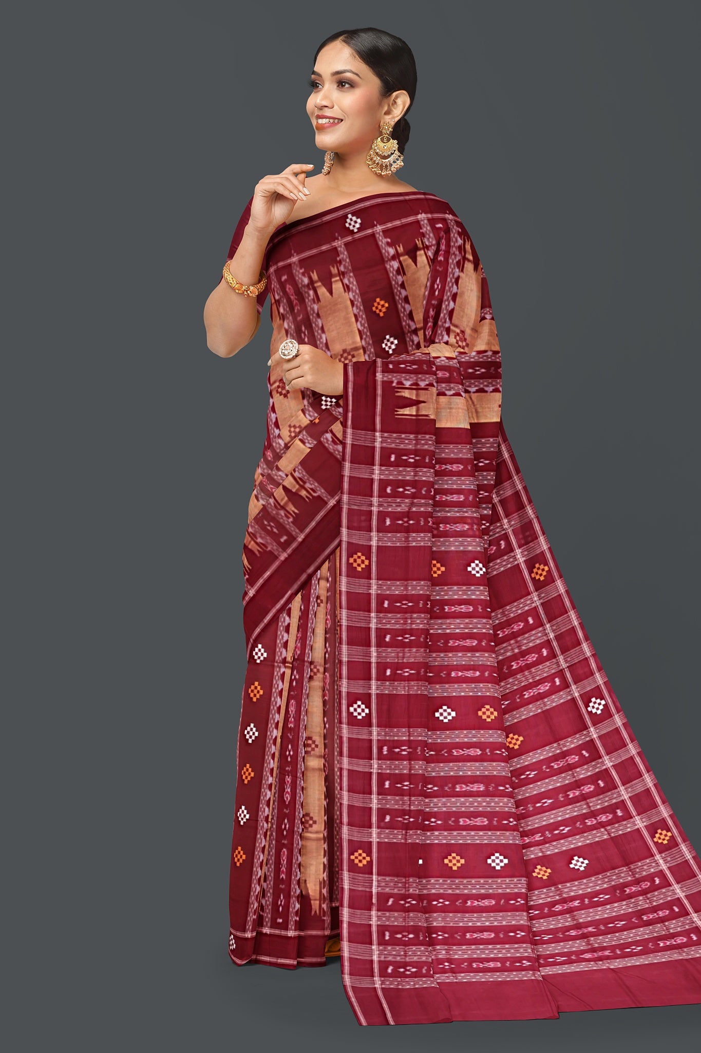 Maroon And Golden Pata Bapta Saree