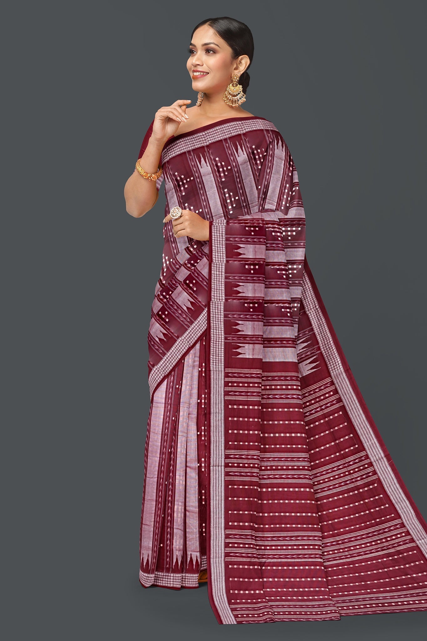 Maroon And Silver Pata Bapta Saree