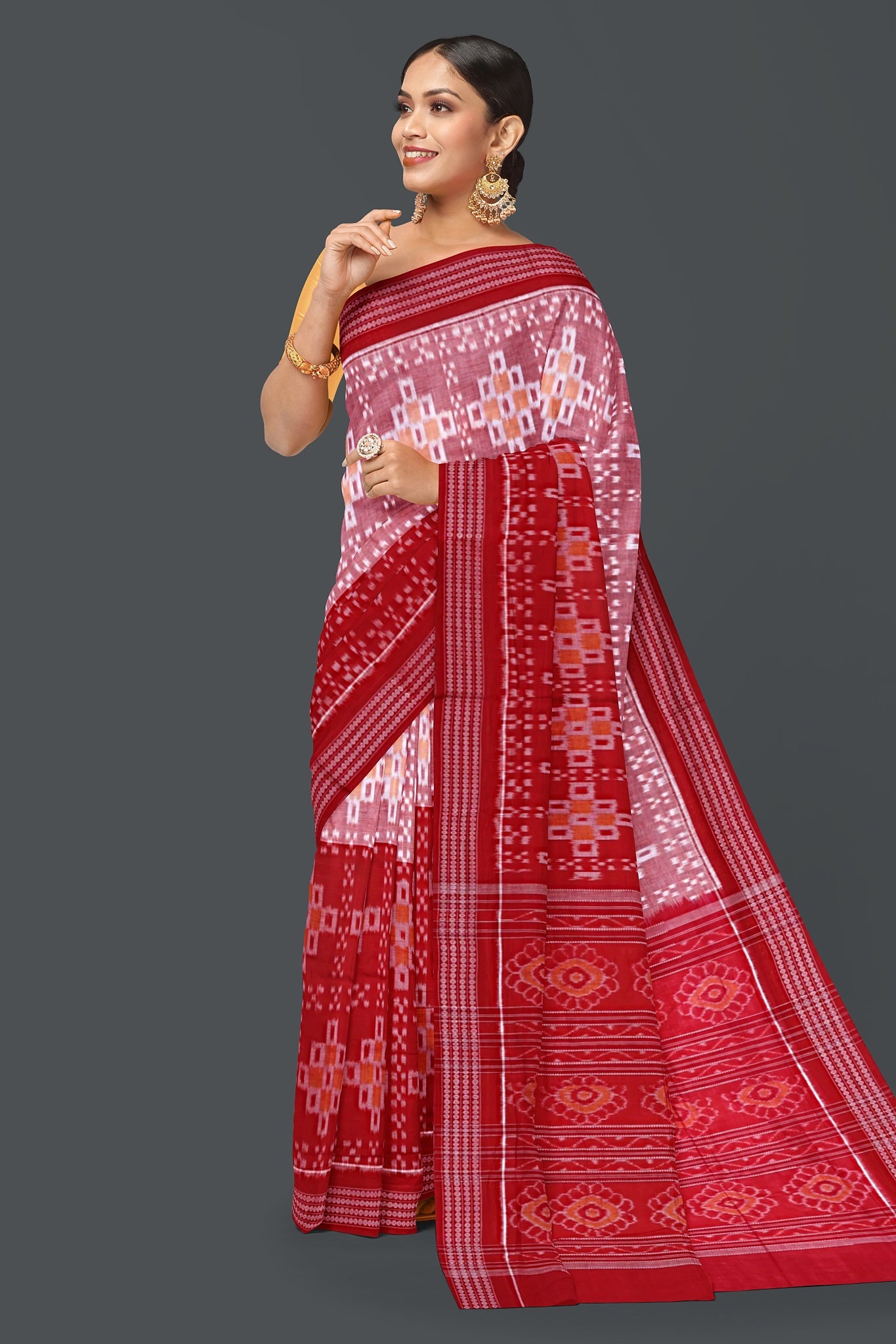 Red And Yellow Half Half Paper Bandha Saree
