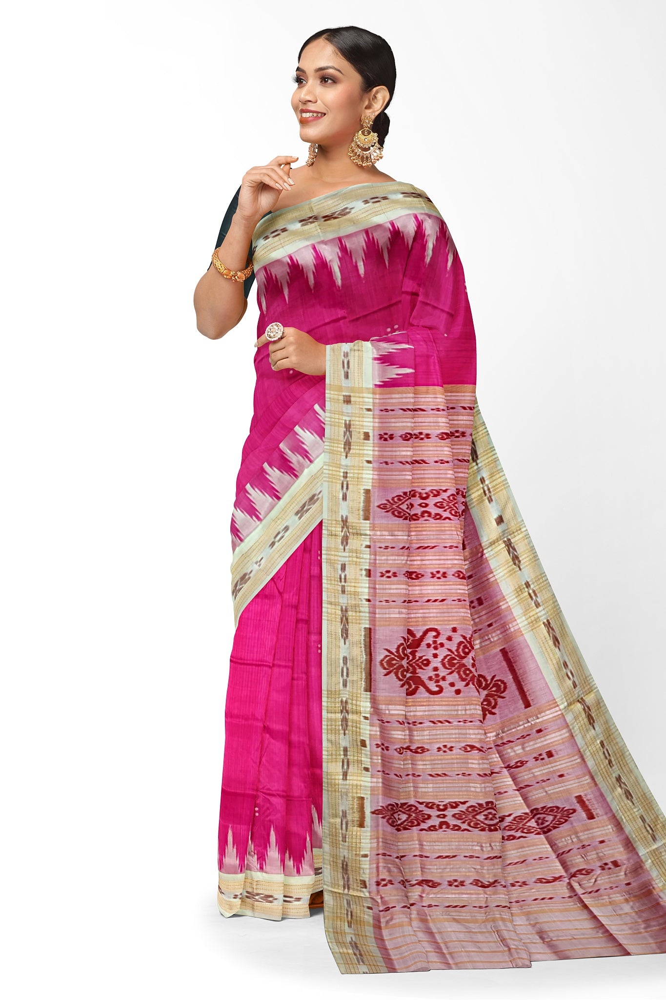 Hot Pink Big Temple Border Khandua Pata Saree