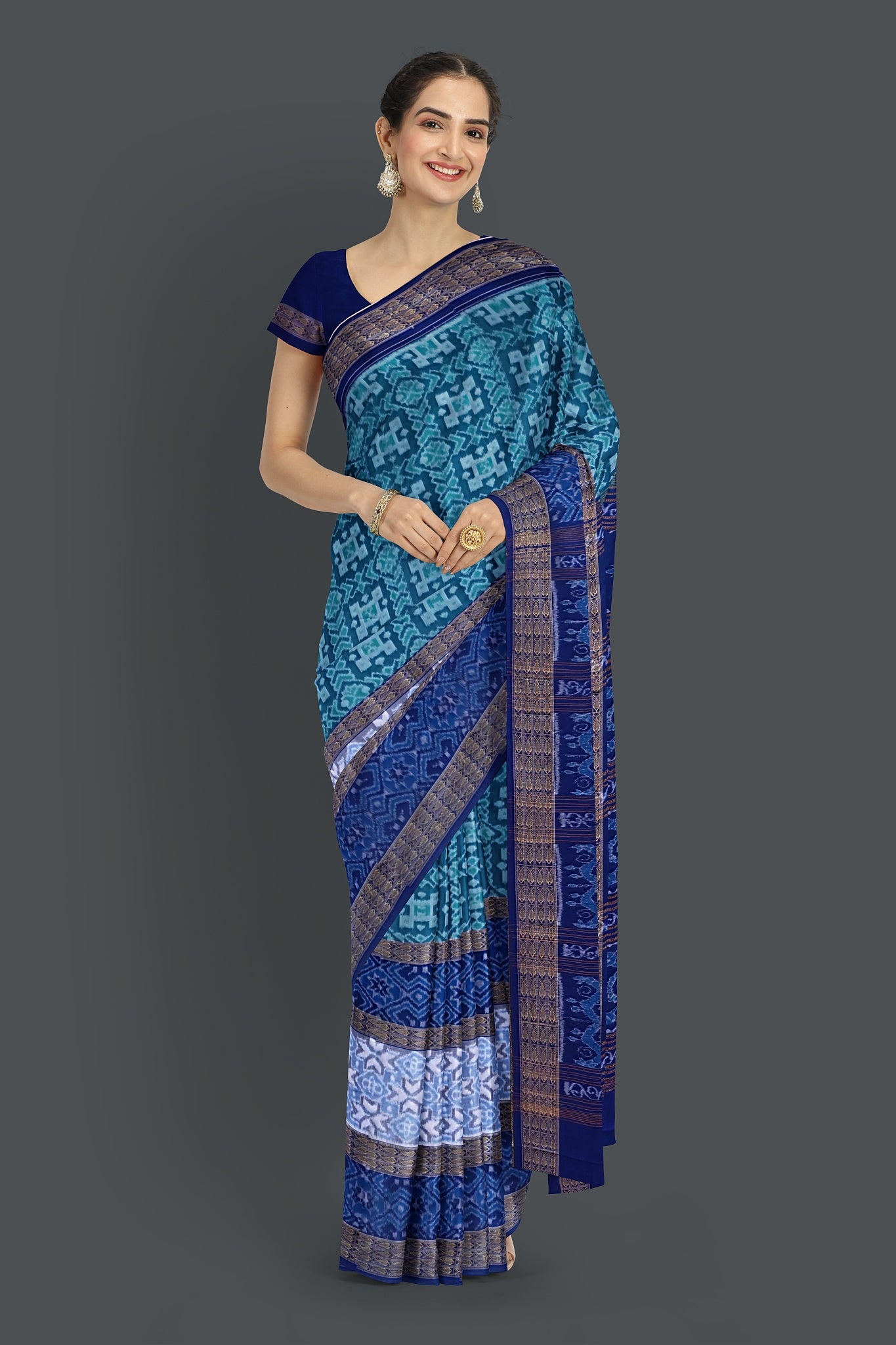 Cyan Double Border Bandha Saree
