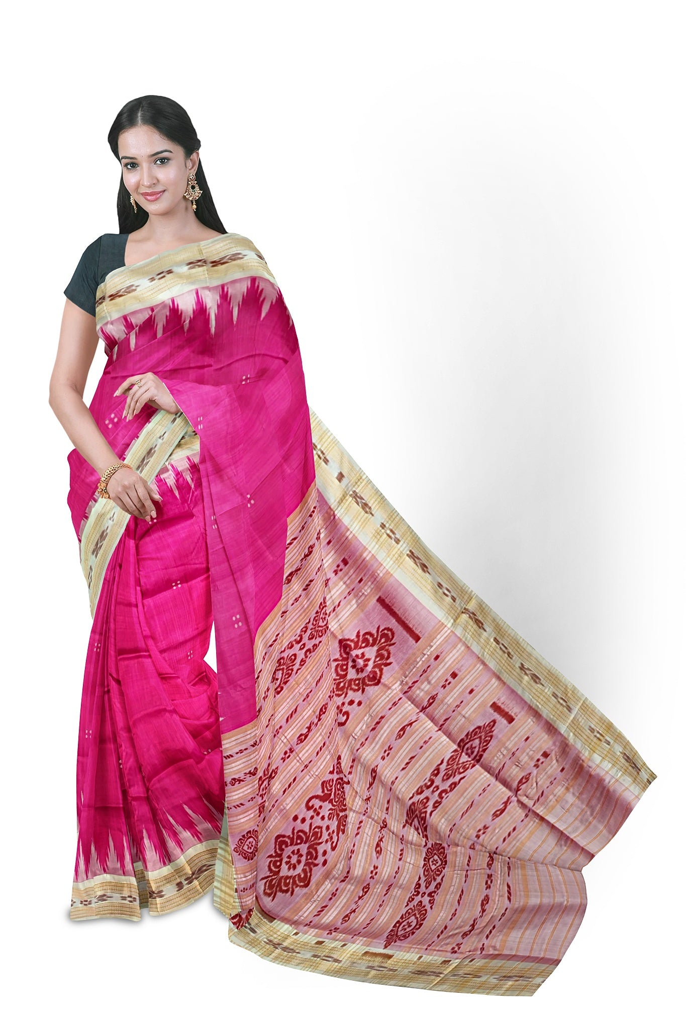 Hot Pink Big Temple Border Khandua Pata Saree