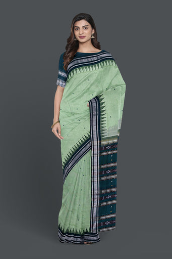Light Green Temple Border Cotton Bapta Saree