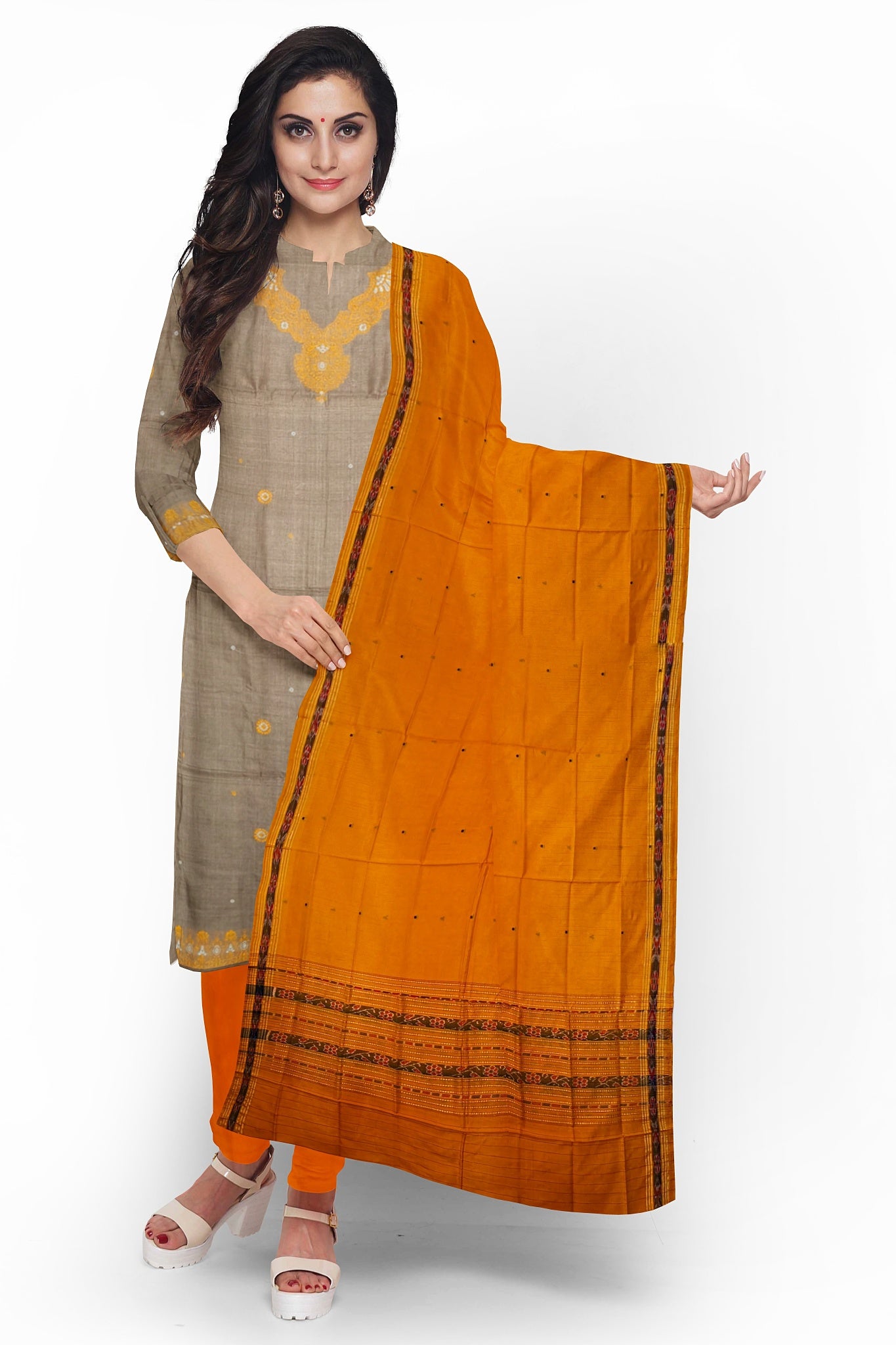 Tan Color Top With Yellow Pant & Chunri Bomkai Dress Set Necklace Design