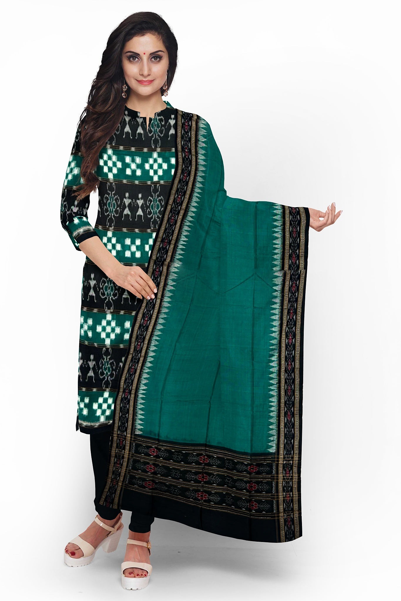 Green & Black Top With Black Pant & Green Chunri Pasapalli Dress Set