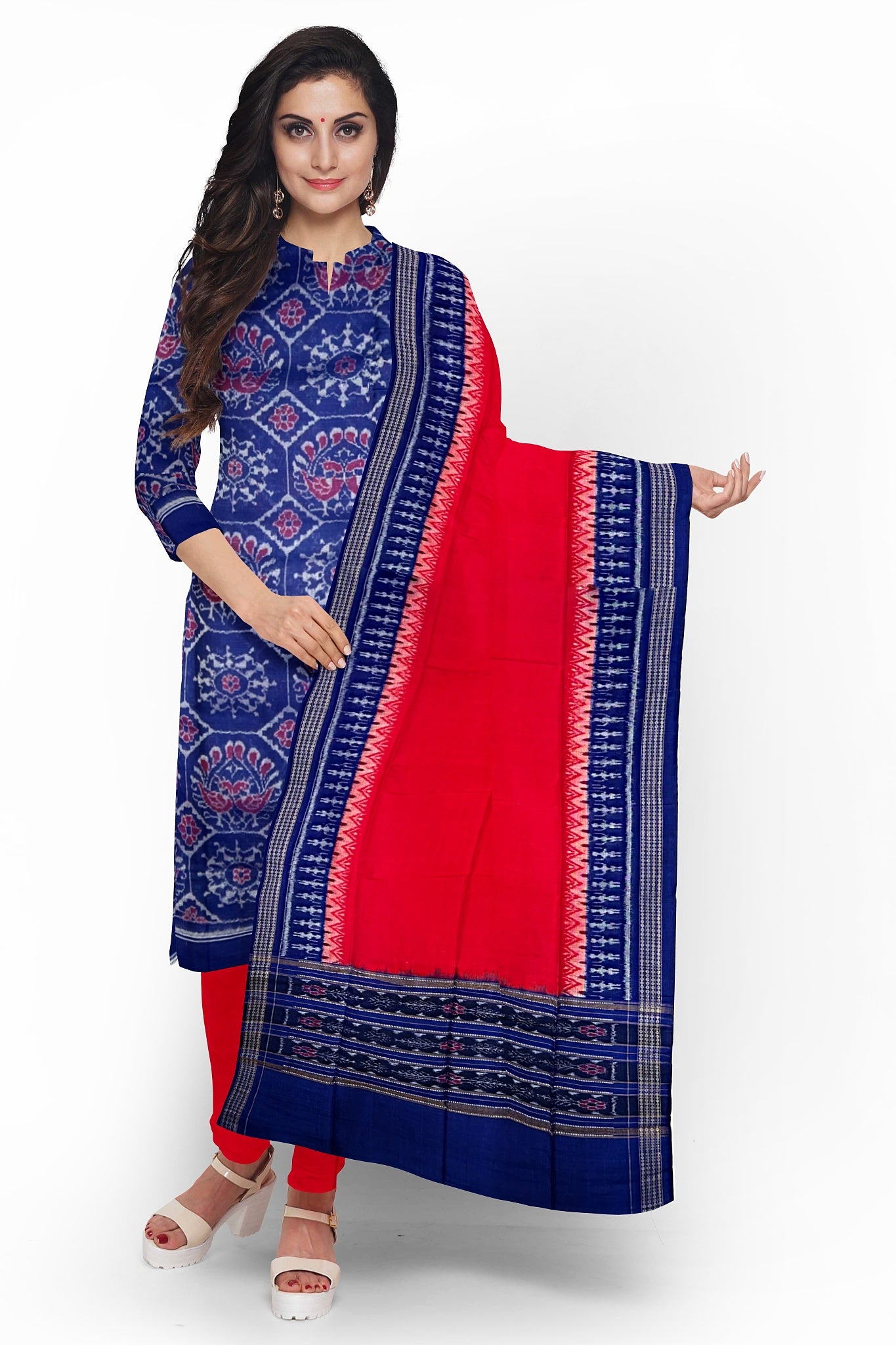 Blue Top With Red Pant & Chunri Body Bandha Dress Set