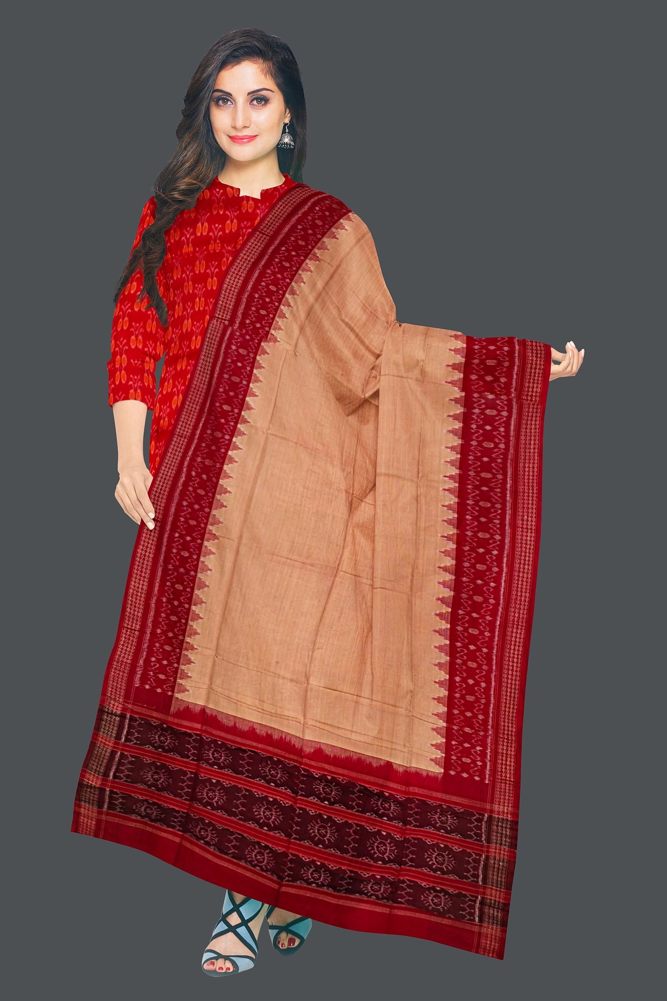 Red Top With Peach Pant & Chunri Body Bandha Dress Set