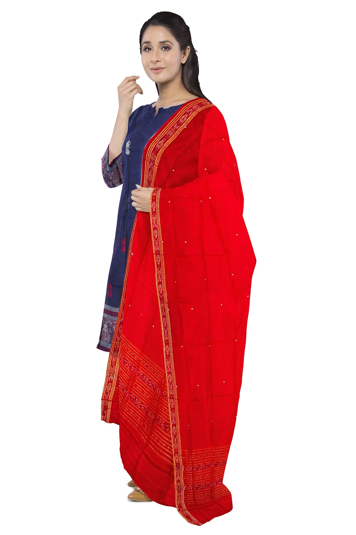 Grey Top With Red Pant & Rust Chunri Bomkai Dress Set