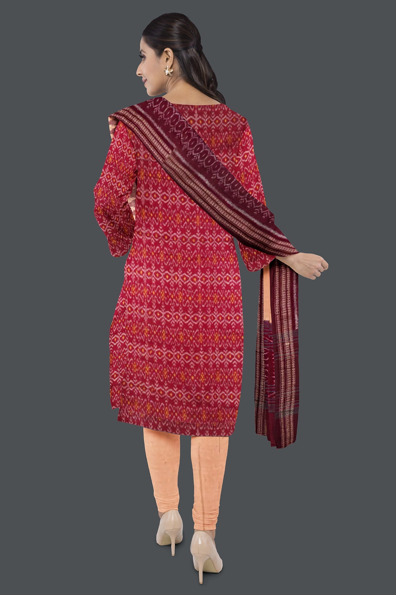 Deep maroon Top With Peach Pant & Chunri Body Bandha Dress Set