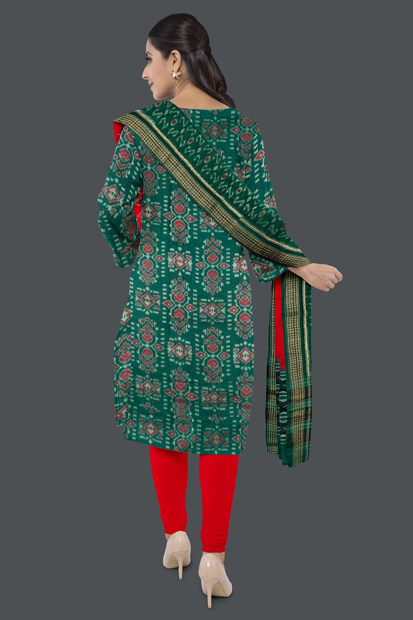 Green Top With Red Pant & Chunri Body Bandha Dress Set