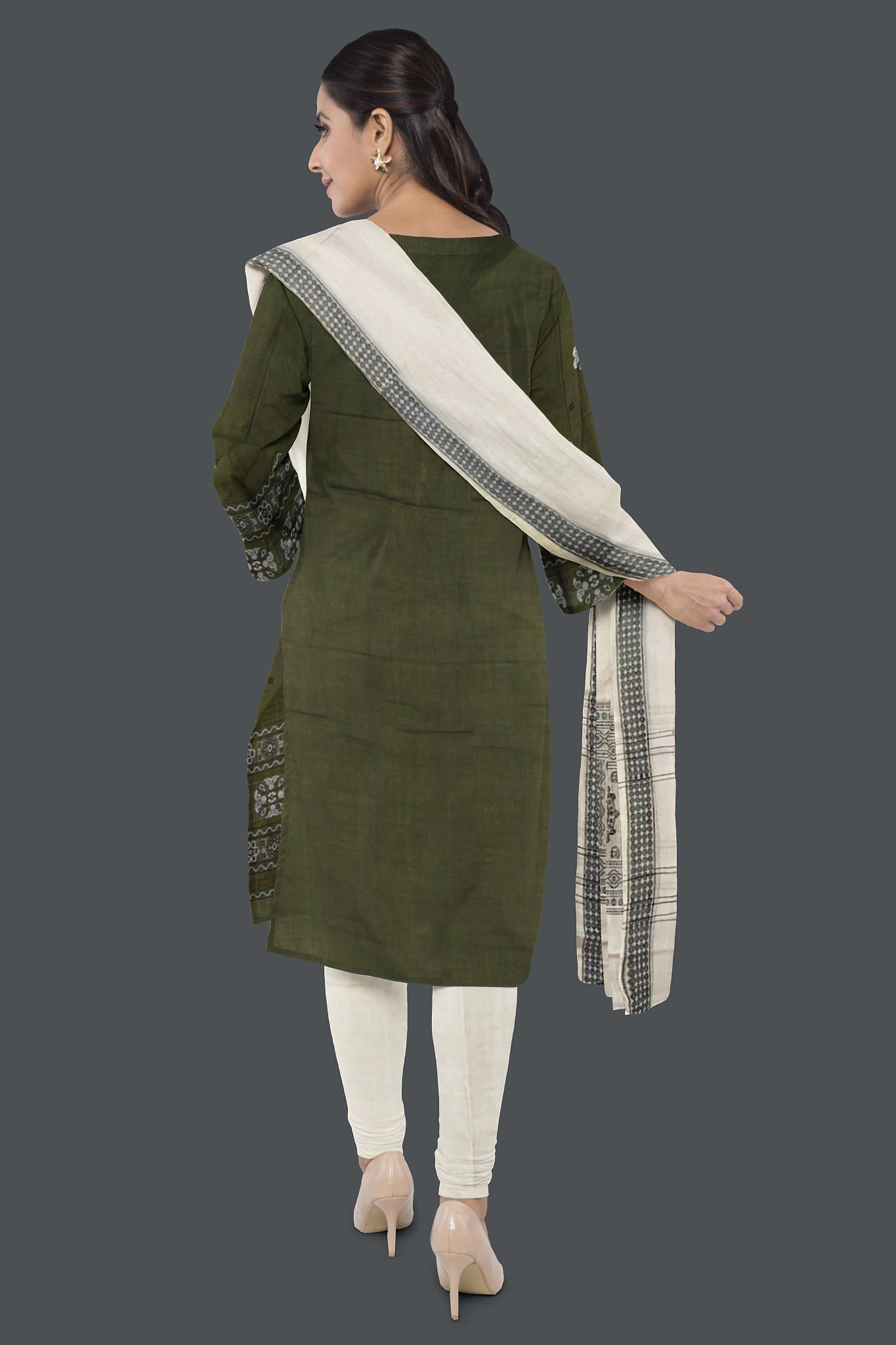 Dark Olive Green Top With White Pant & Chunri Bomkai Dress Set