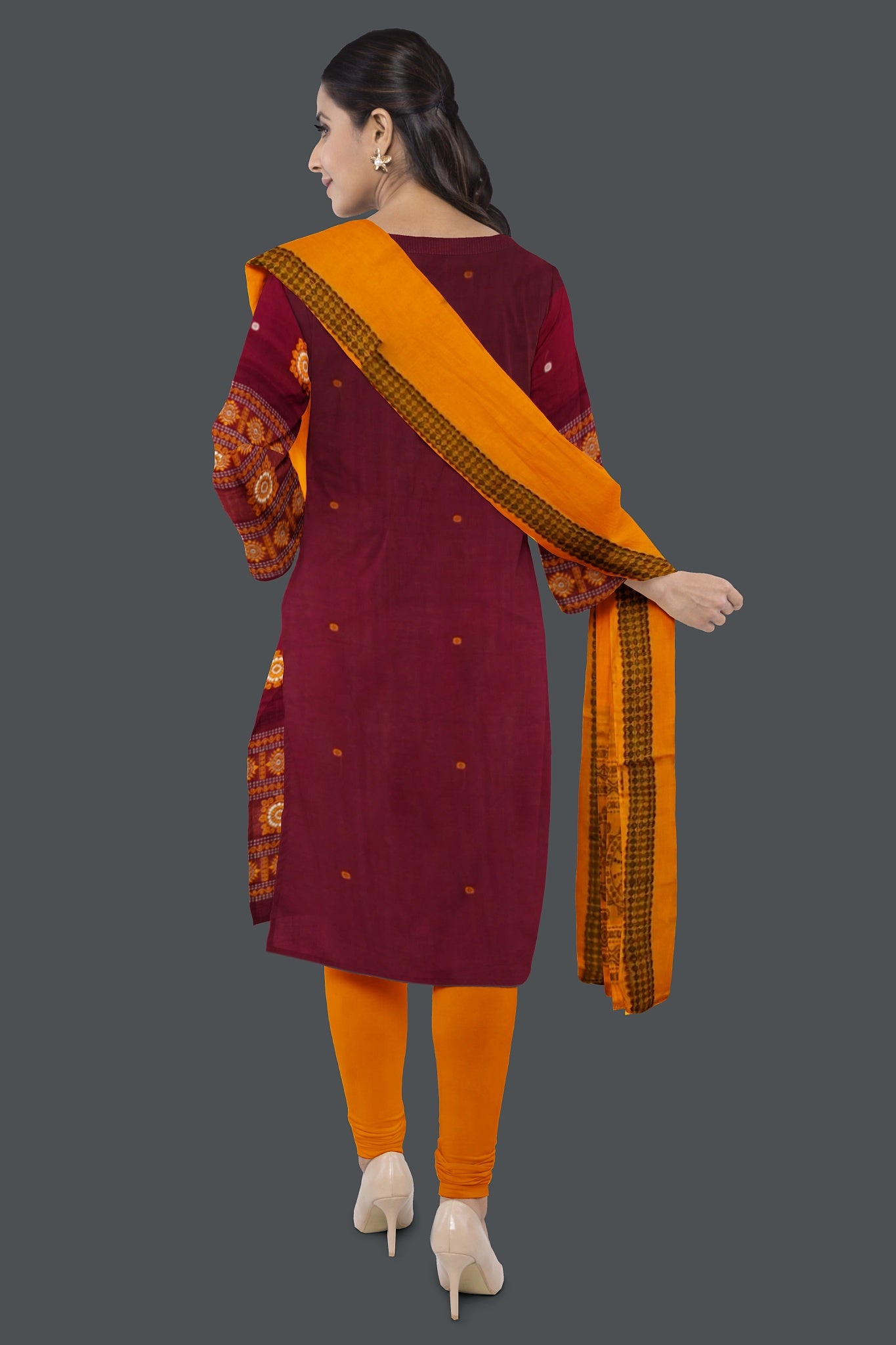 Maroon With Yellow Pant & Chunri Bomkai Dress Set